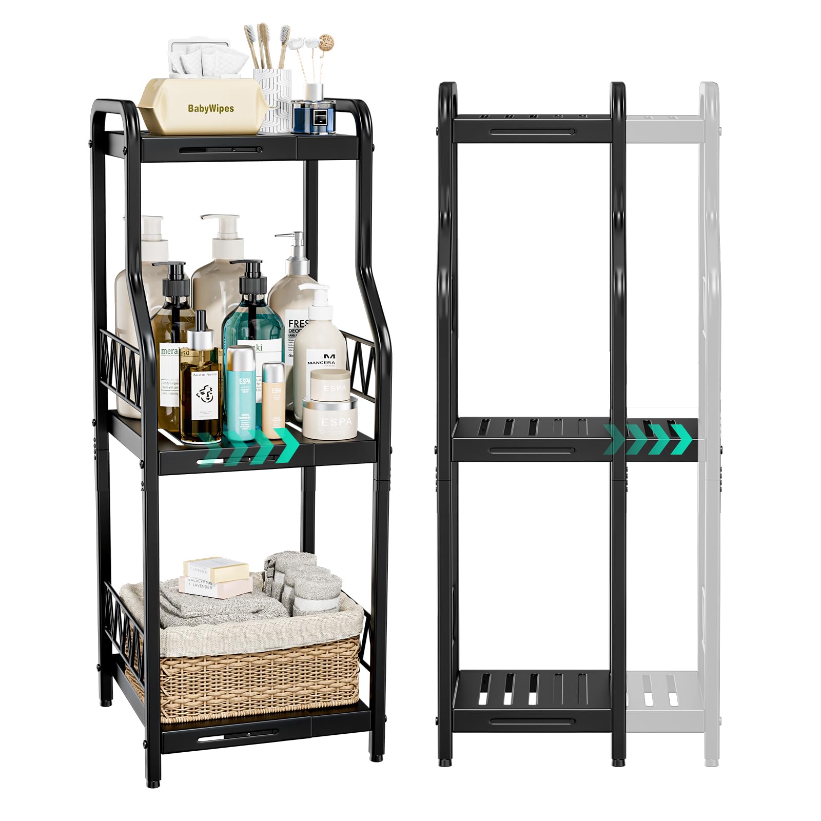 HapiRm 3-Tier Expandable Narrow Bathroom Shelf Organizer - Free Standing Metal Storage Rack for Bathroom, Kitchen & Laundry - Space Saving Slim Cabinet for Toiletries, Towels & Cleaning Supplies (Black) - Perfect for Small Spaces & Apartment Organization