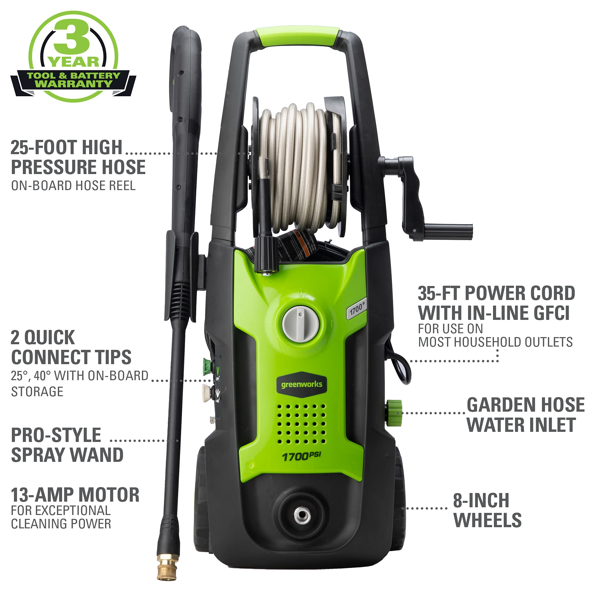 Greenworks 1700 PSI 1.2 GPM Electric Pressure Washer - Portable Hand-Carry Design, PWMA Certified for Home & Outdoor Cleaning - Perfect for Driveways, Decks, Patios & Cars