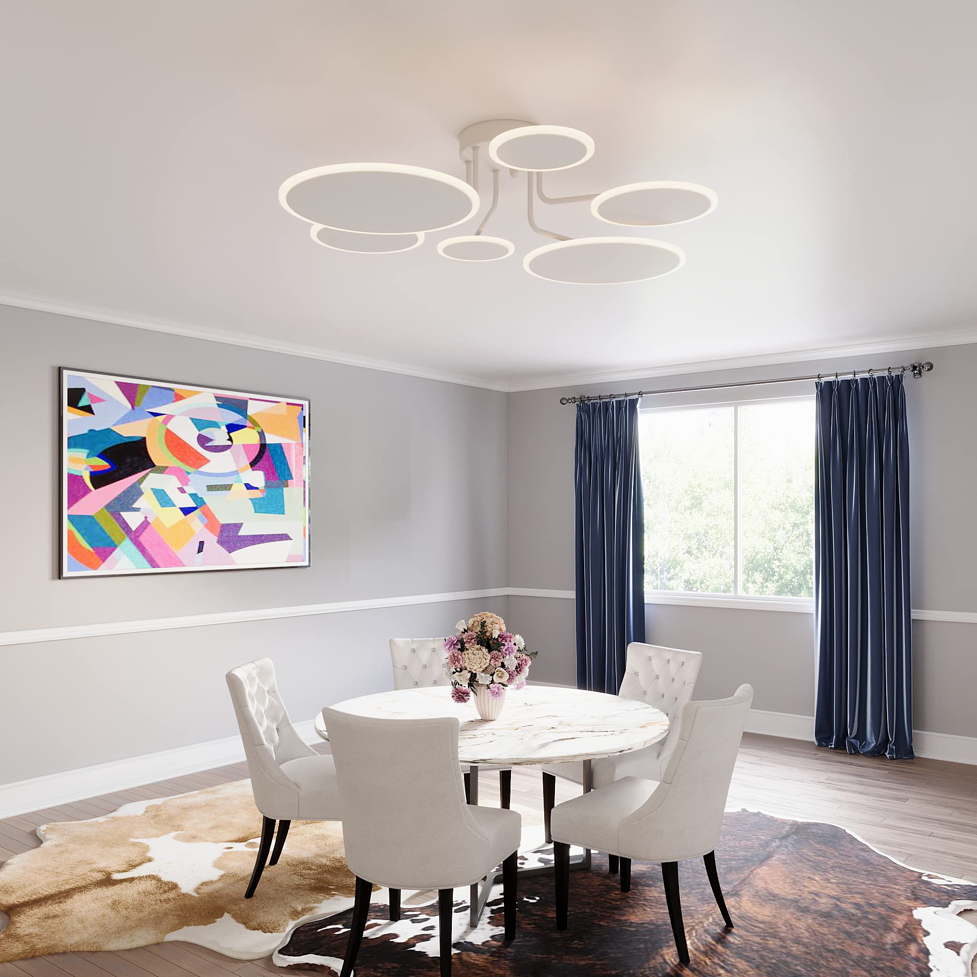 Modern LED Ceiling Light Fixture with Remote Control - 6 Circle Dimmable Sputnik Chandelier for Living Room, Dining Room, Bedroom, Office & Restaurant | Energy-Efficient Close-to-Ceiling Lighting for Home & Commercial Spaces