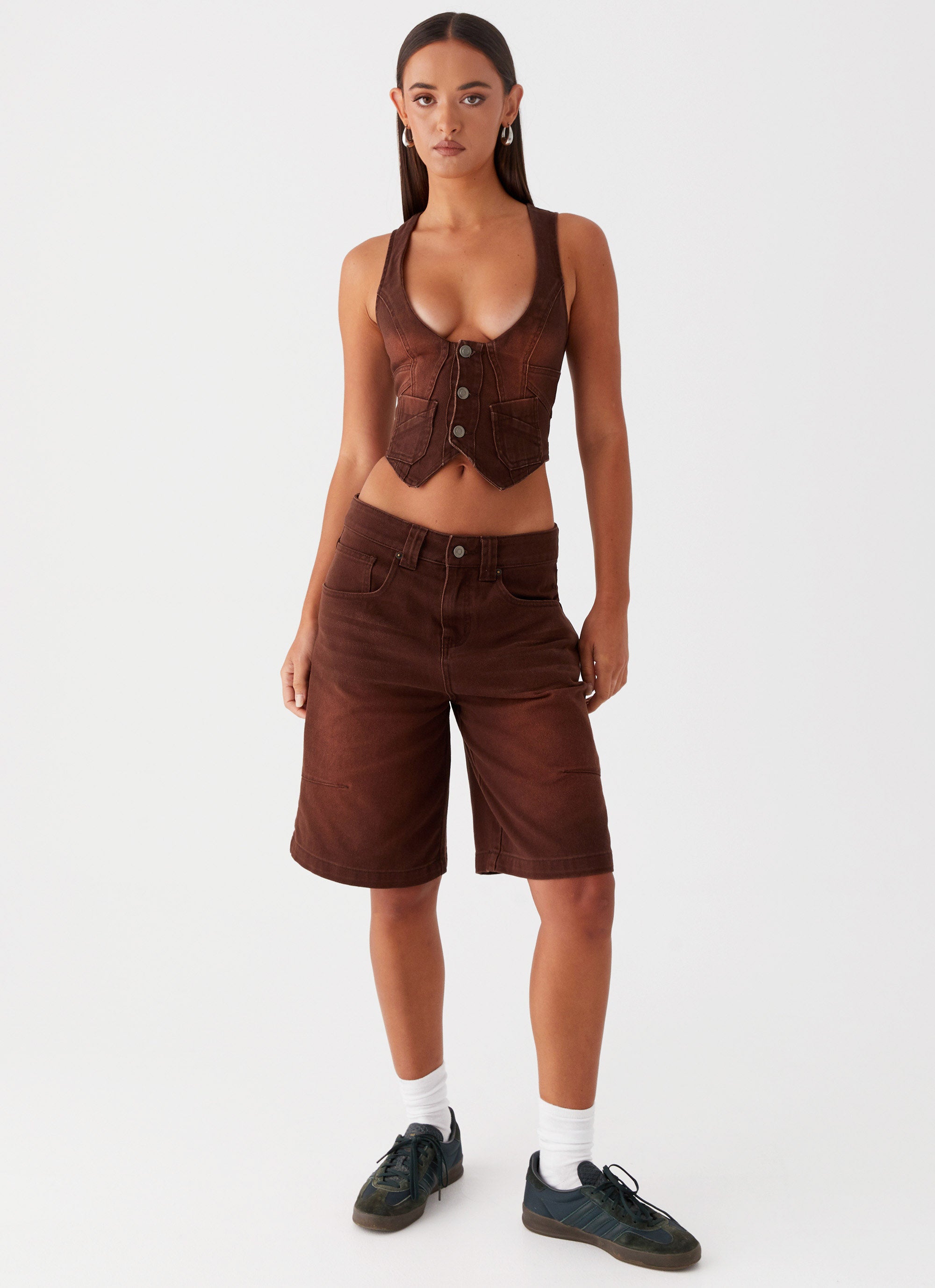 Heading South Denim Jorts for Women - High Waisted Distressed Shorts in Brown | Casual Summer Outfit & Beachwear