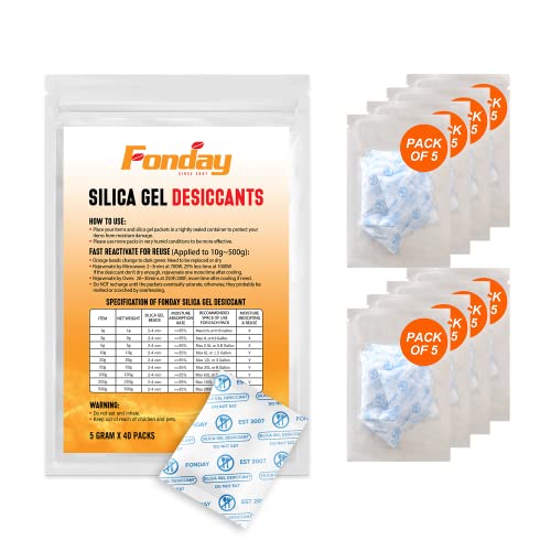 5 Gram [40 Packets] Food Grade Silica Gel Desiccant Packs - Moisture Absorbers for Storage, Dehumidifier Packets for Closet, Shoes, Electronics & Documents (8 Sets of 5 Packets)