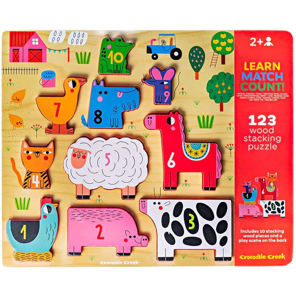 10-Piece Stacking Wooden Puzzle - Educational Barnyard Animal Toy for Toddlers, Kids Learning Numbers 123 - Perfect for Preschool, Montessori, and Early Childhood Development