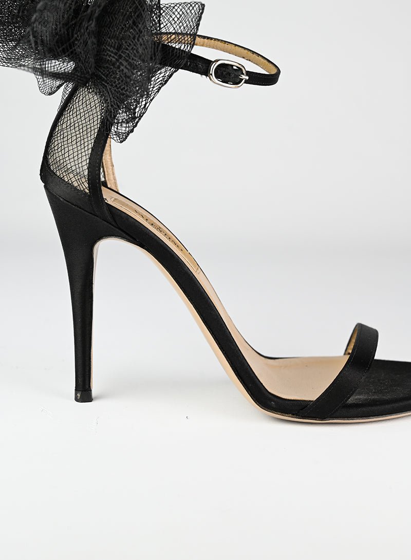 Valentino Black Satin Sandals with Flower Detail - Size 37 | Elegant Women's Dress Sandals for Weddings & Special Occasions