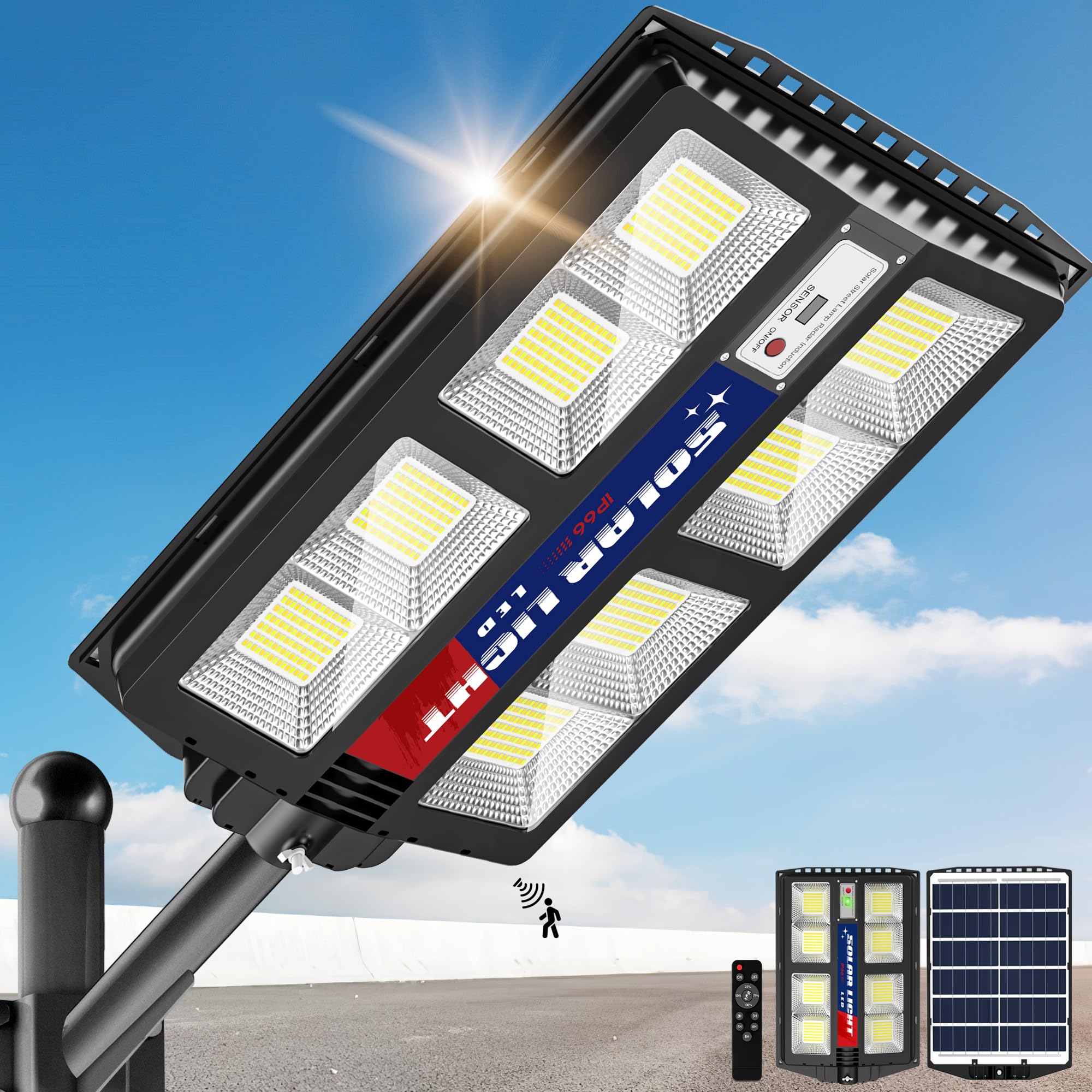 2600W Solar Street Lights Outdoor Waterproof - Super Bright 7000K Commercial Solar Parking Lot Lights with Motion Sensor, Dusk to Dawn Solar Powered for Yard, Garden, Pathway & Driveway Lighting