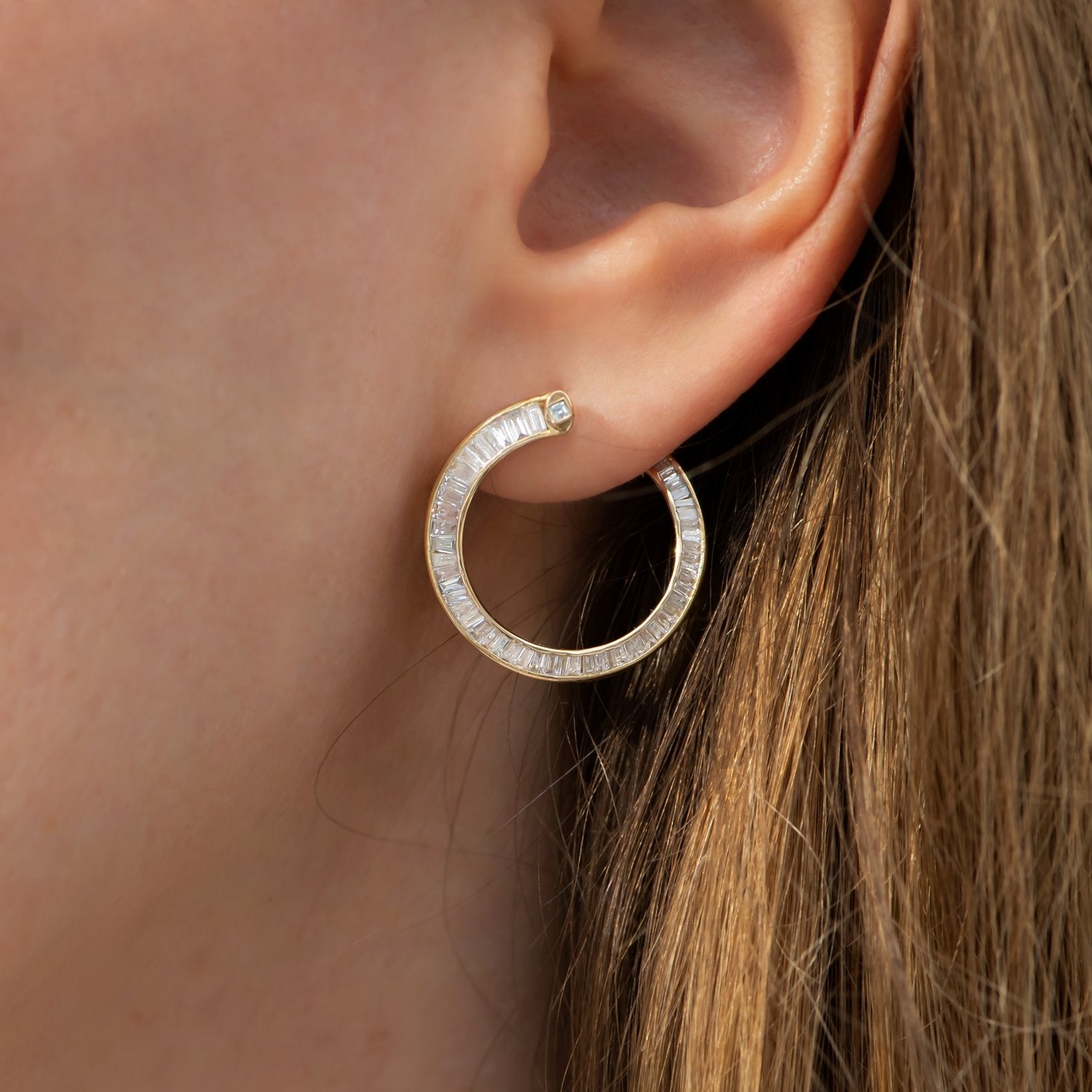 Elegant Spiral Hoop Earrings with Tapered Baguette Diamonds | 14K Gold Plated Dangle Earrings for Women | Perfect for Parties, Weddings & Date Nights
