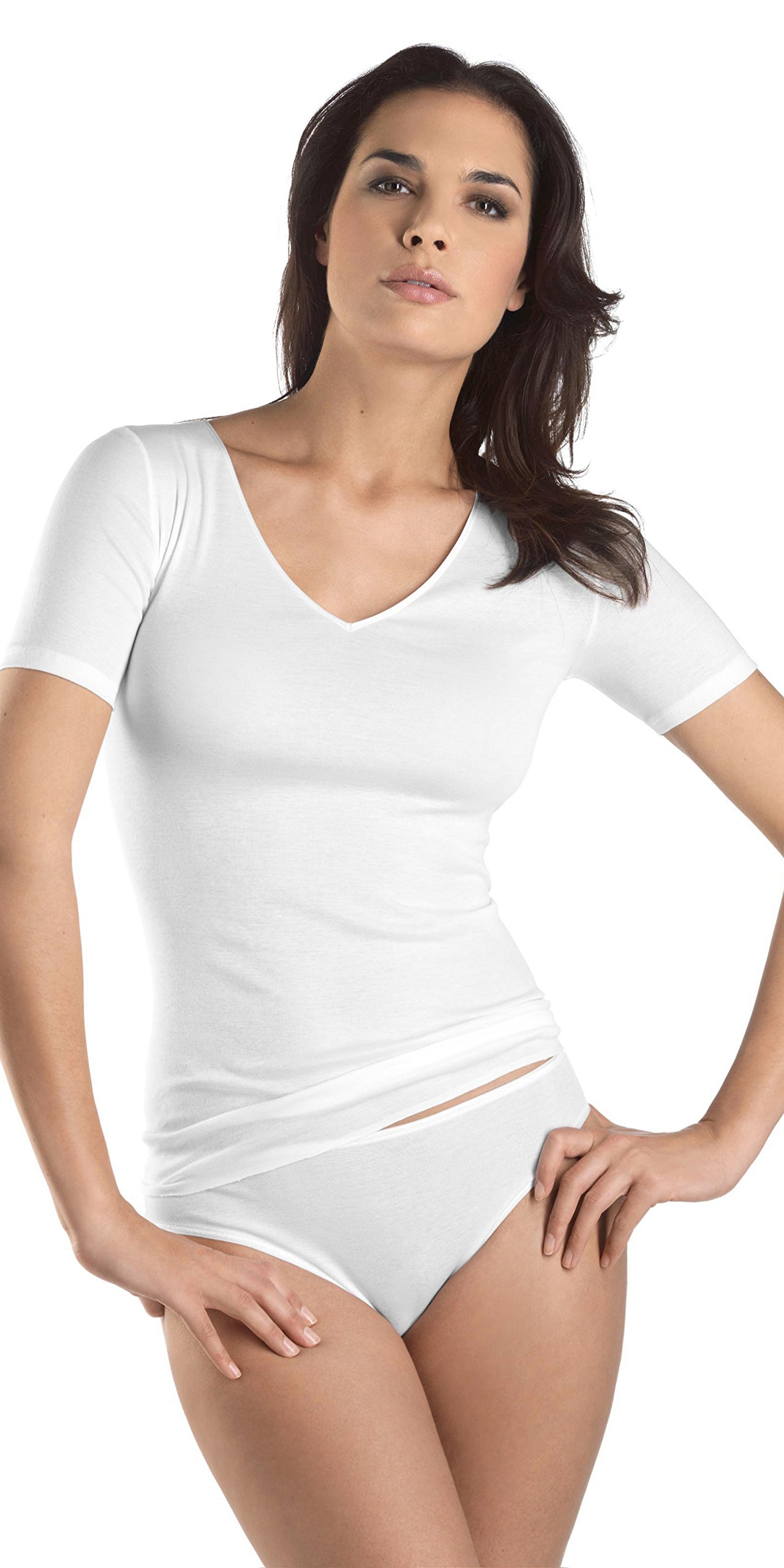 HANRO Women's Cotton Seamless Short Sleeve V-Neck T-Shirt 71603 - Soft Breathable Everyday Basic Top for Casual Wear, Work & Travel