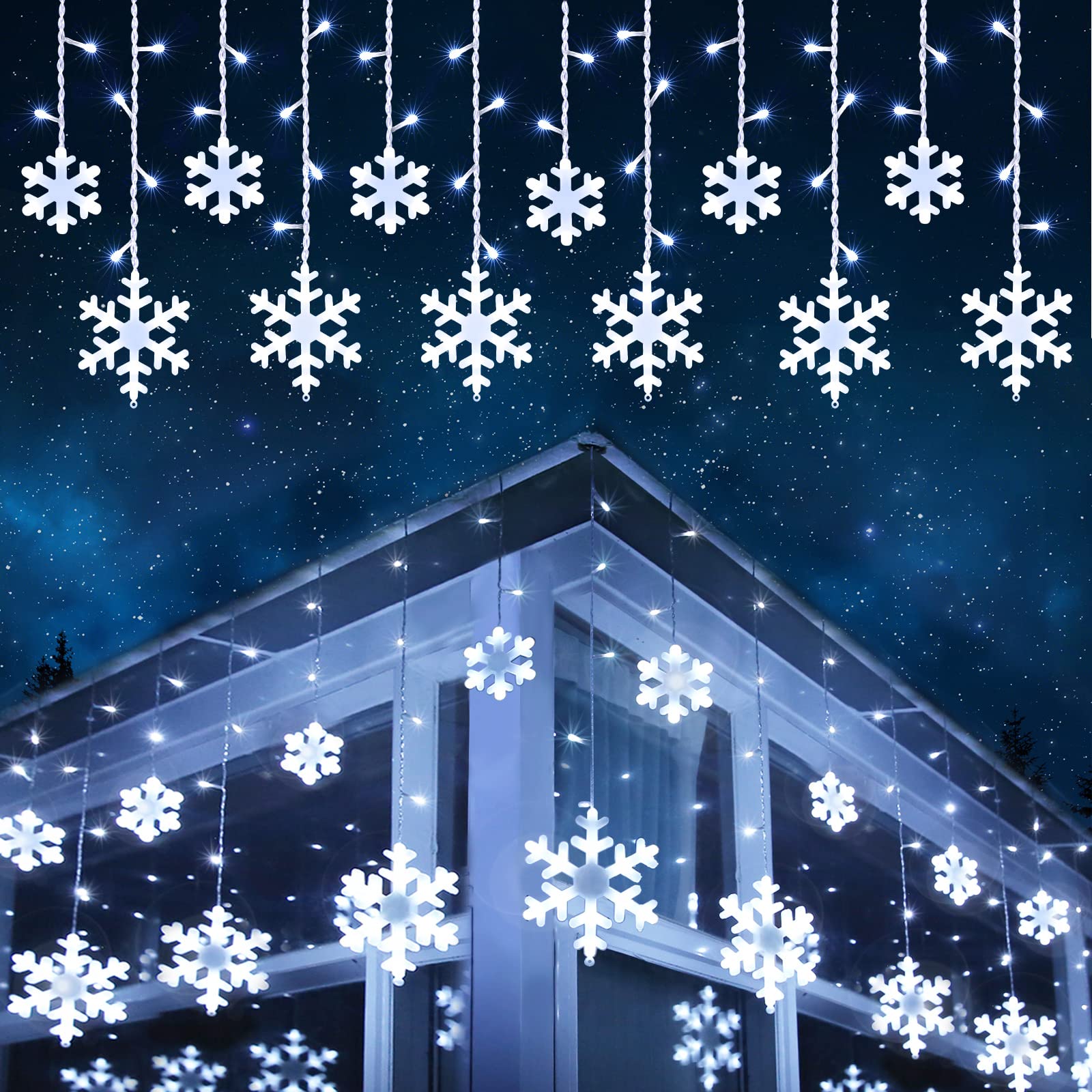 Toodour 17.22ft 264 LED Snowflake Icicle Christmas Lights - Connectable Waterproof Outdoor String Lights with 22 Drops & 8 Lighting Modes for Windows, Eaves, Curtains - Perfect for Holiday Decorations, Xmas Tree, Porch, and Yard Decor