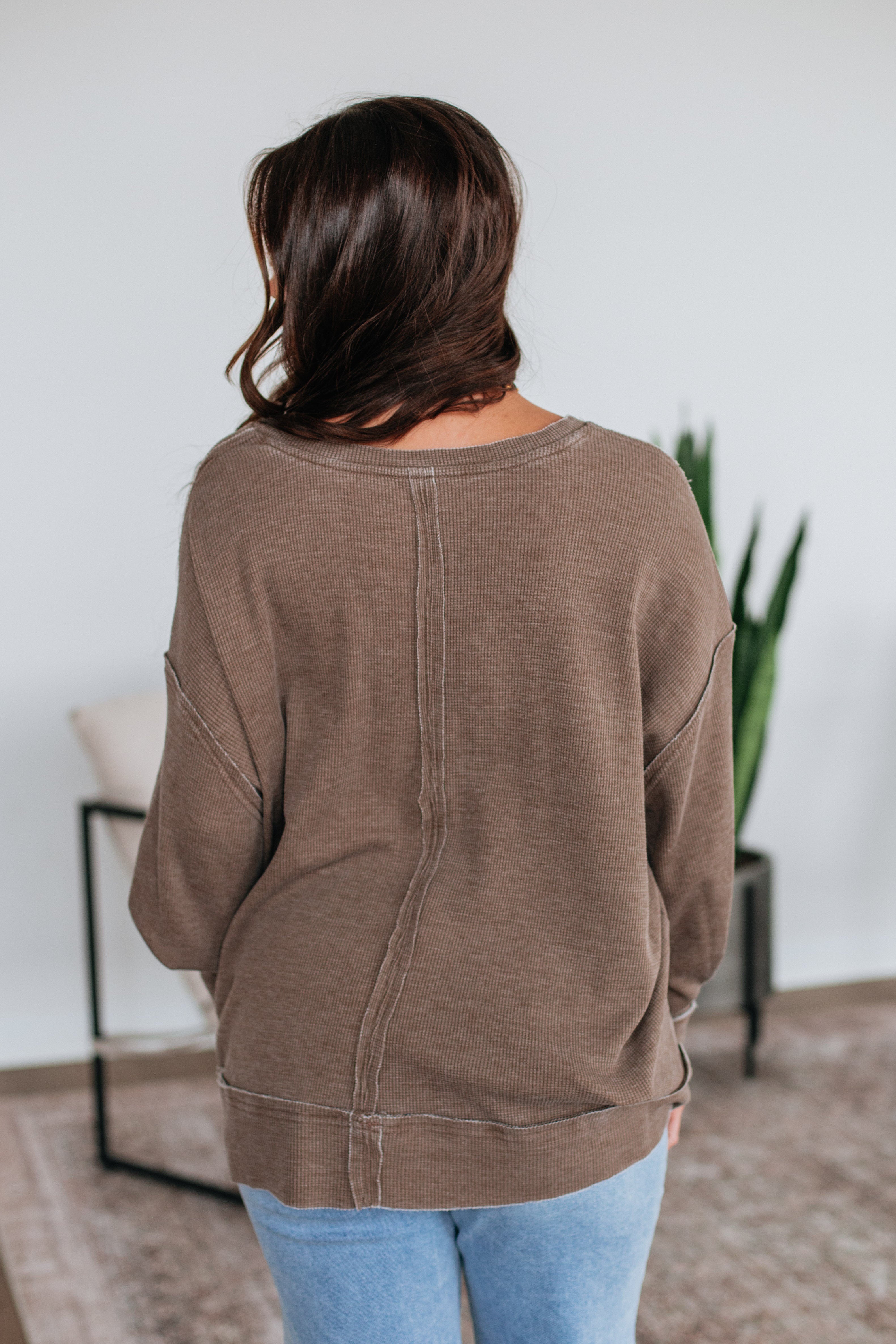 Kathrin Waffle Knit Top for Women - Soft Mocha Brown Long Sleeve Shirt - Casual Fall & Winter Layering Essential