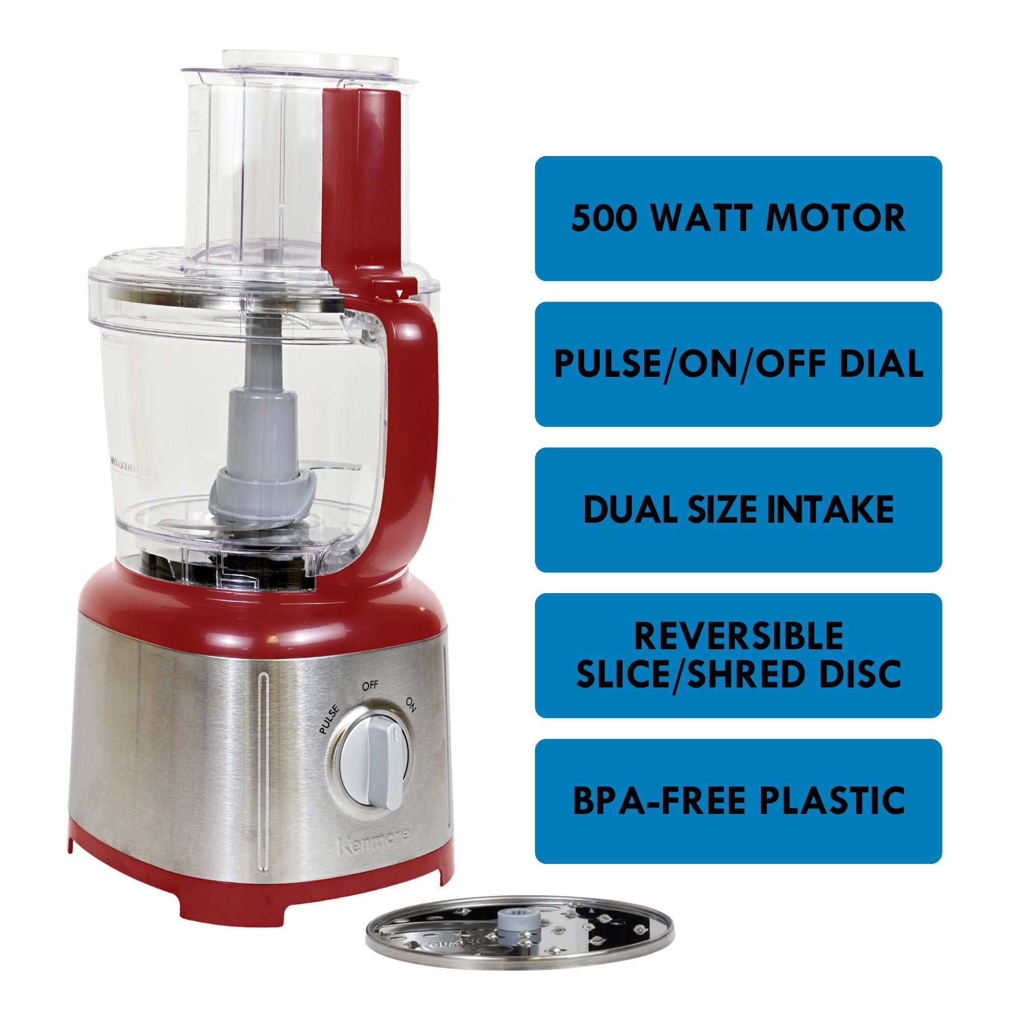 Kenmore 11 Cup Food Processor & Vegetable Chopper - 500W Stainless Steel Kitchen Appliance with Reversible Slicing/Shredding Disc - Chop, Slice, Shred, Mince, Grate & Puree - Red & Silver - Perfect for Meal Prep, Baking & Healthy Cooking
