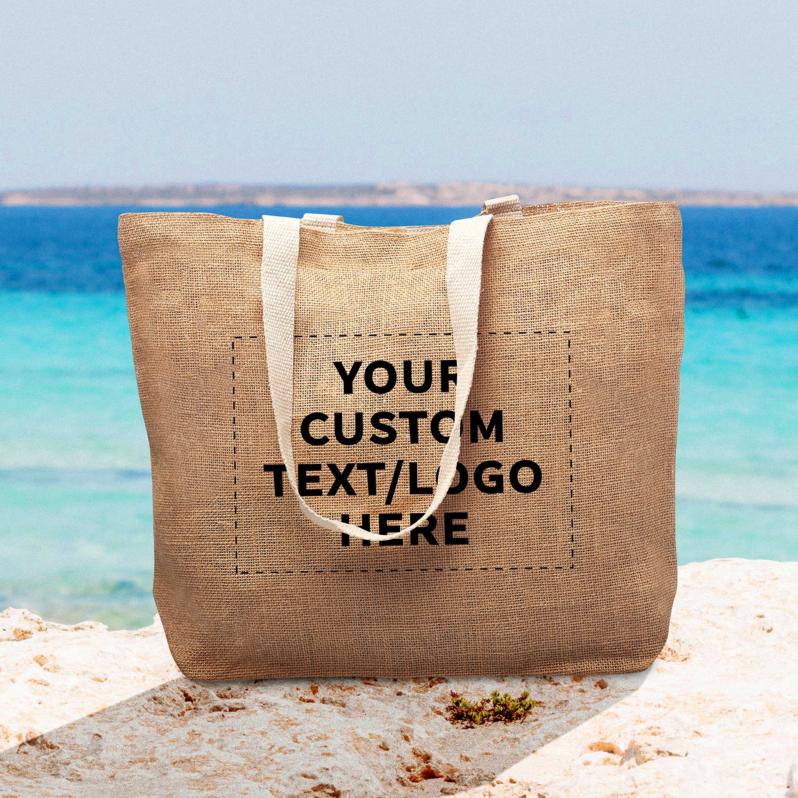 50 Pack Natural Jute Fiber Tote Bags with Custom Text & Logo - Eco-Friendly Reusable Grocery Bags with Sturdy Webbing Handles for Shopping, Beach, Farmers Market & Everyday Use