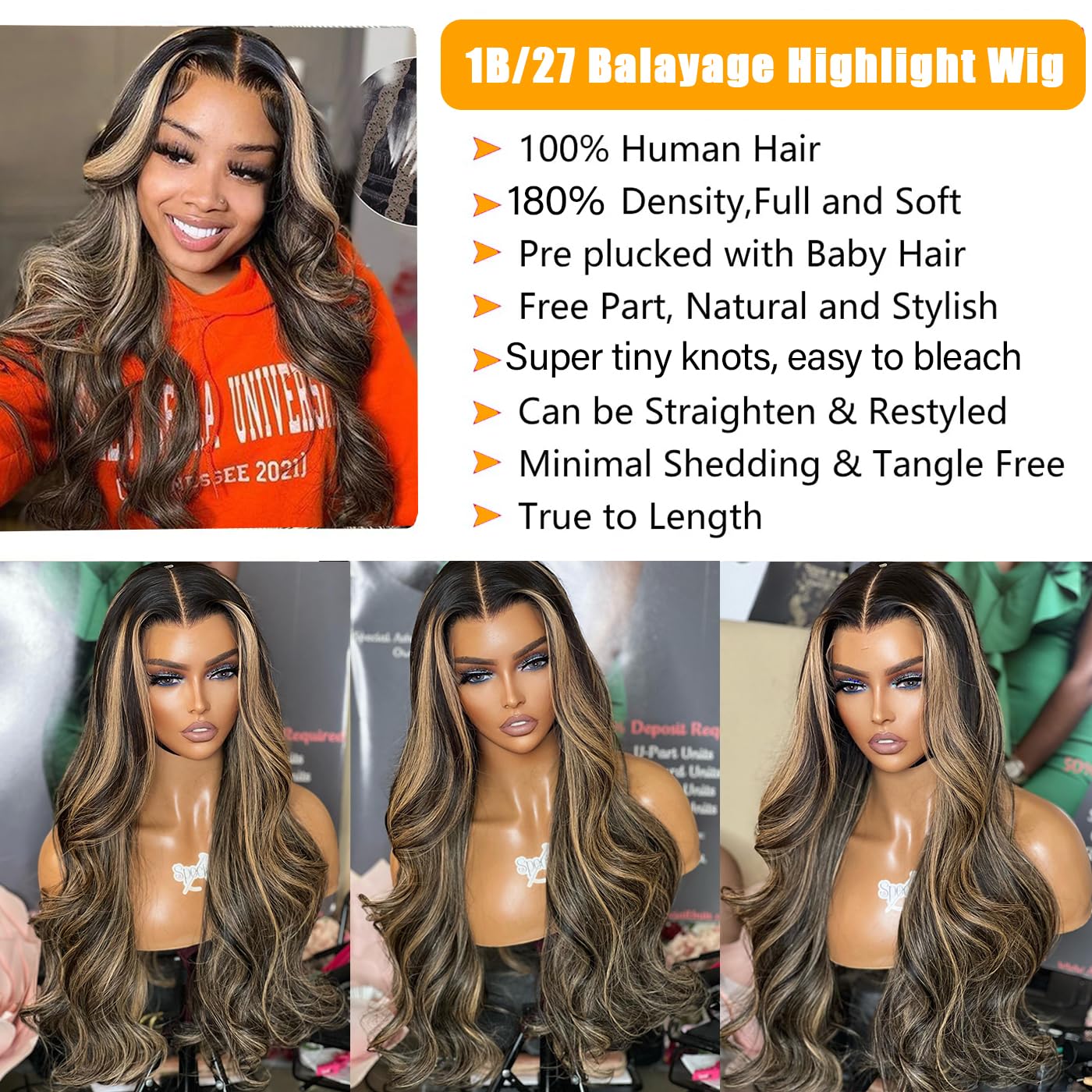 26 Inch Ombre Lace Front Human Hair Wig - Pre Plucked 13x4 Lace Part - 1B/27 Balayage Body Wave - 200% Density Glueless Wigs for Women - Perfect for Daily Wear, Parties & Special Occasions