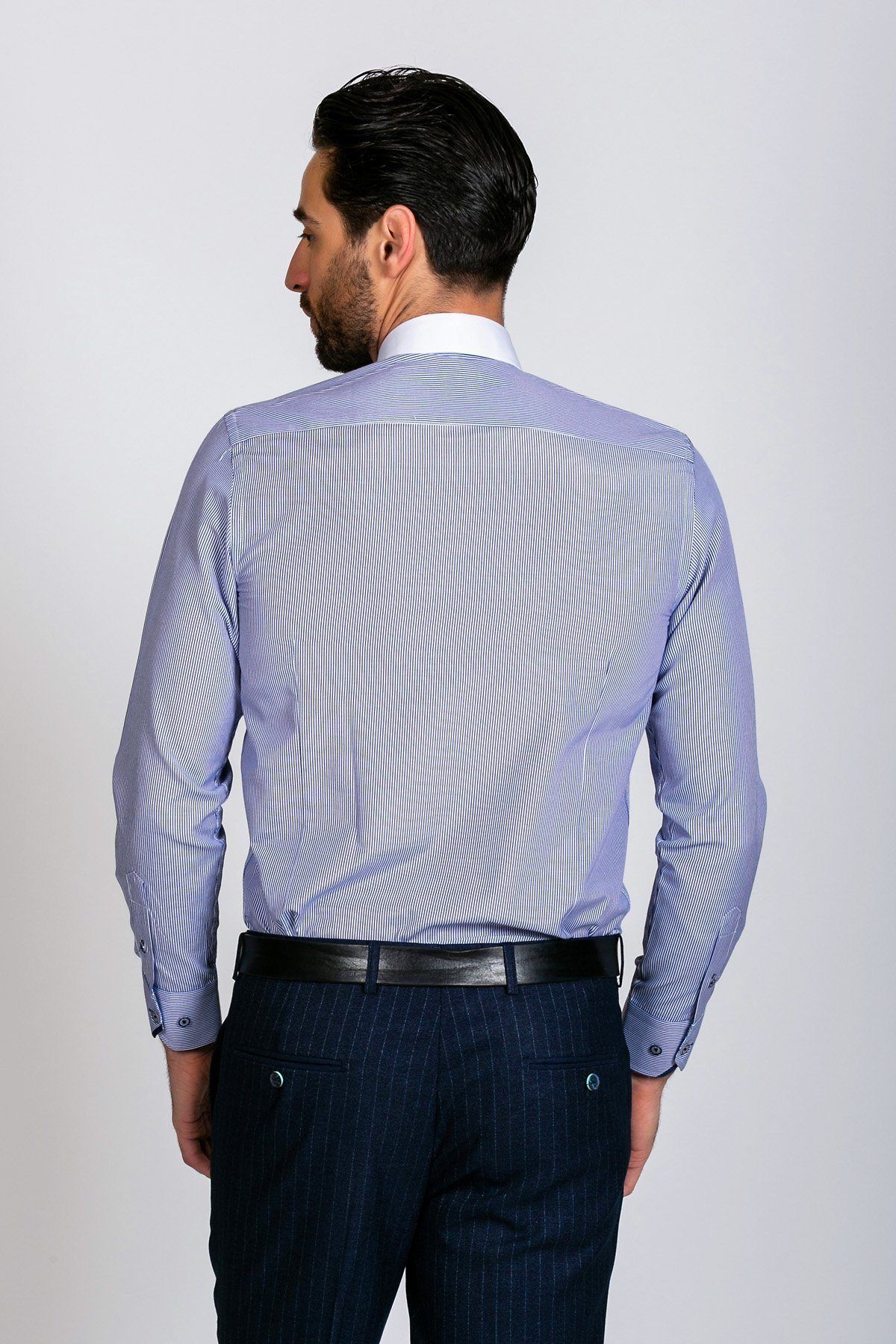 SHELBY Navy Blue Stripe Penny Collar Shirt for Men - Classic Casual Button Down Shirt for Office, Date Night & Summer Outfits
