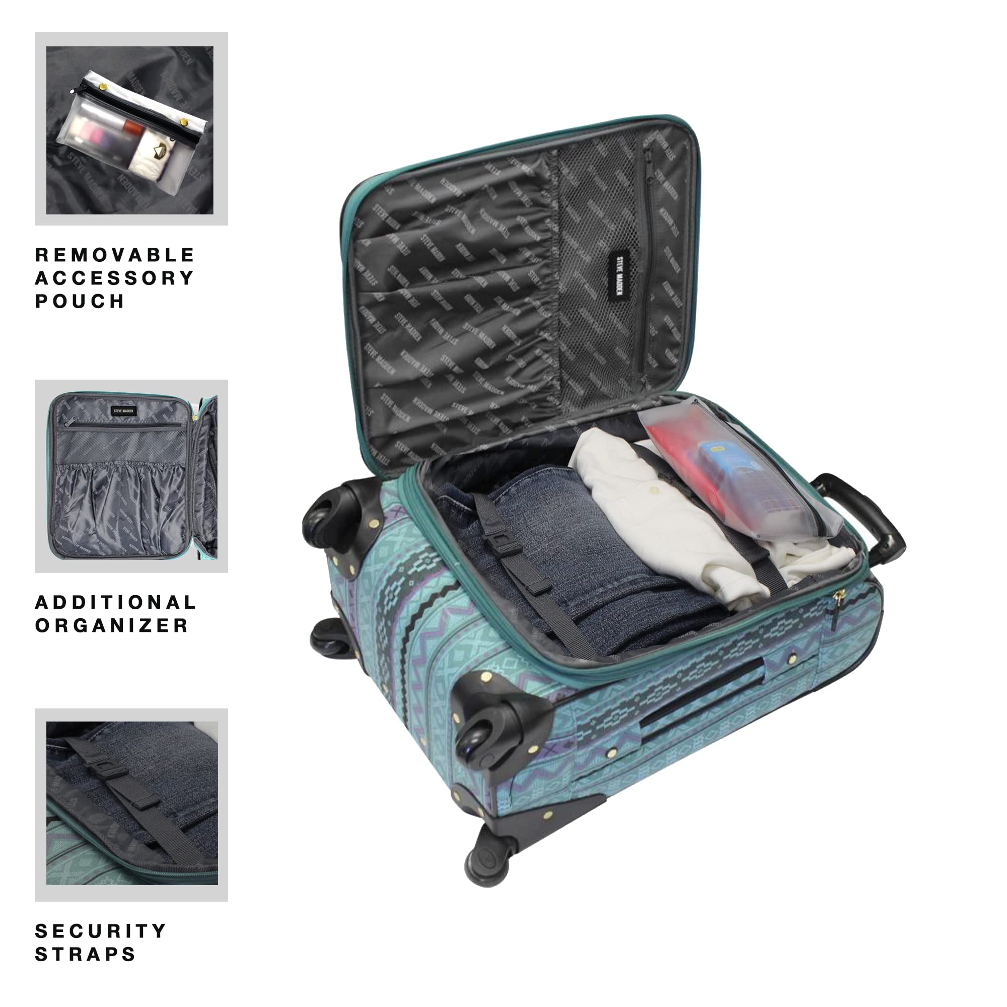 Steve Madden Designer Expandable 24 Inch Softside Luggage - Durable Lightweight Checked Suitcase with 4 Spinner Wheels for Travel (Legends Turquoise) | Perfect for Weekend Getaways & Business Trips