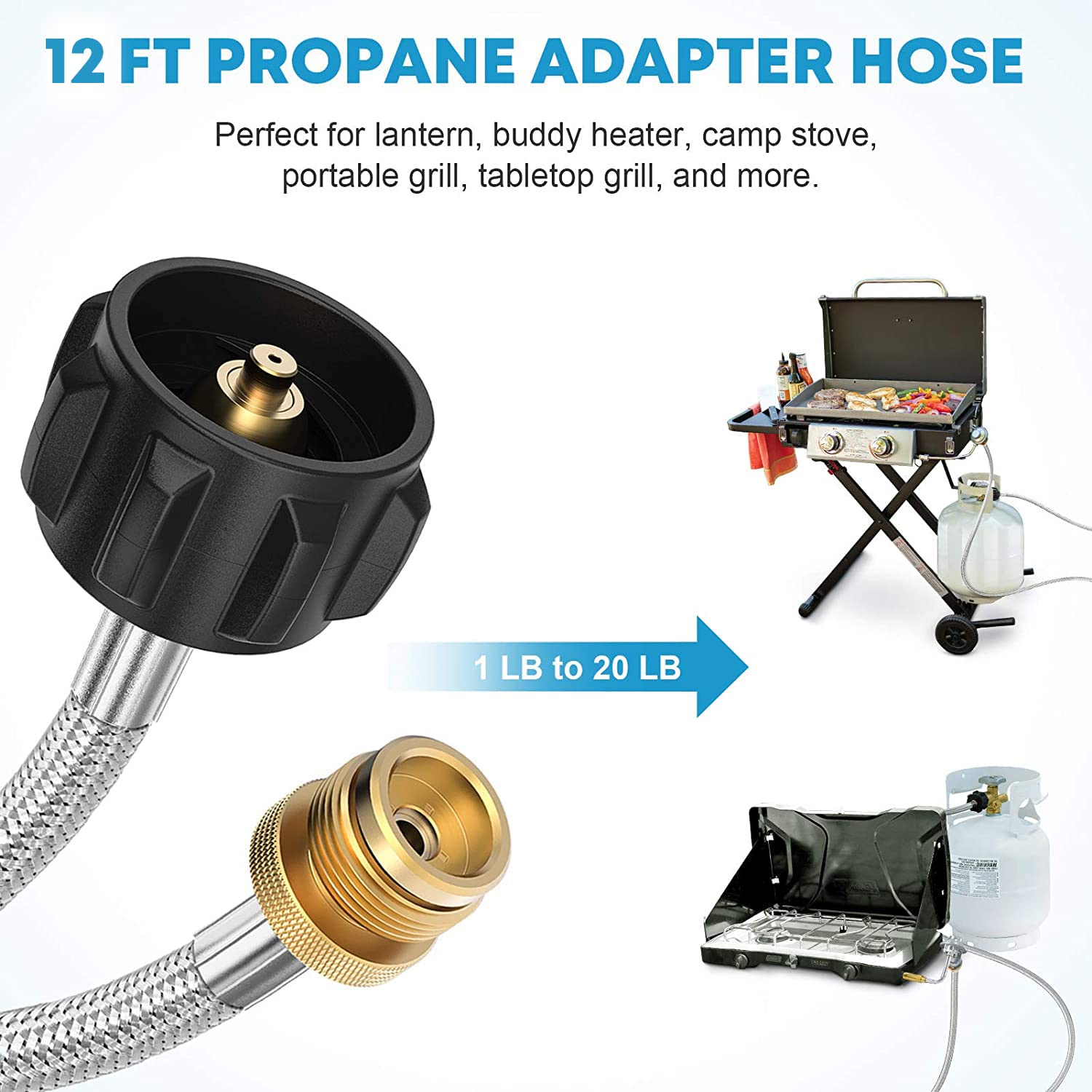 12FT Propane Hose for Mr Buddy Heater, Black Stone Griddle & Coleman Stove - 1lb to 20lb Adapter