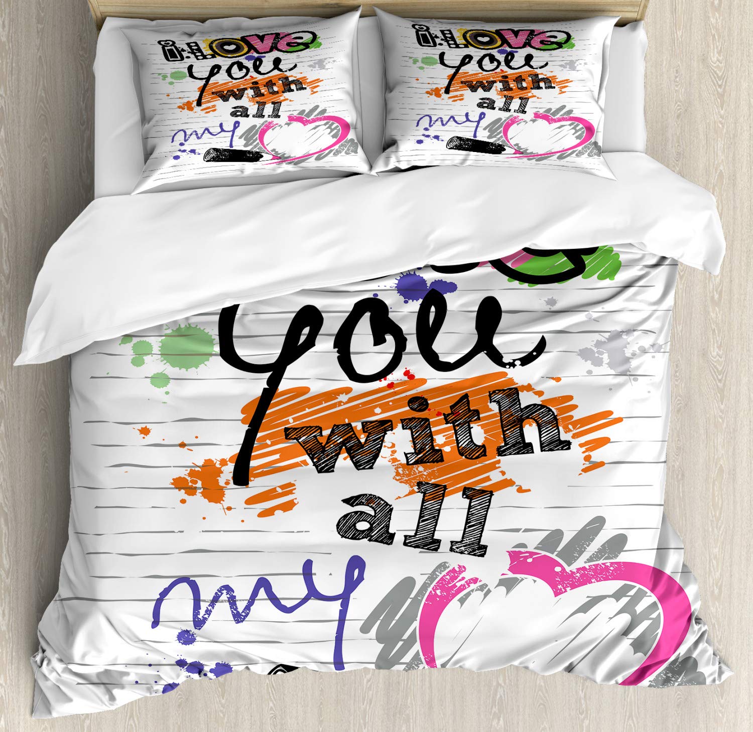 Ambesonne I Love You Duvet Cover Set - Grunge Sketchy Notebook Style 3-Piece Bedding with 2 Pillow Shams, California King Size, Multicolor - Perfect for Couples Bedroom Decor & Romantic Gift Ideas