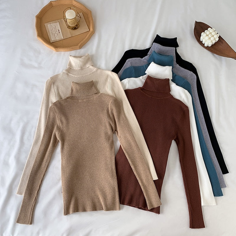 Women's Slim Fit Ribbed Knit Turtleneck Sweater - Soft Warm Pullover for Autumn & Winter - Perfect for Office, Casual Wear & Layering