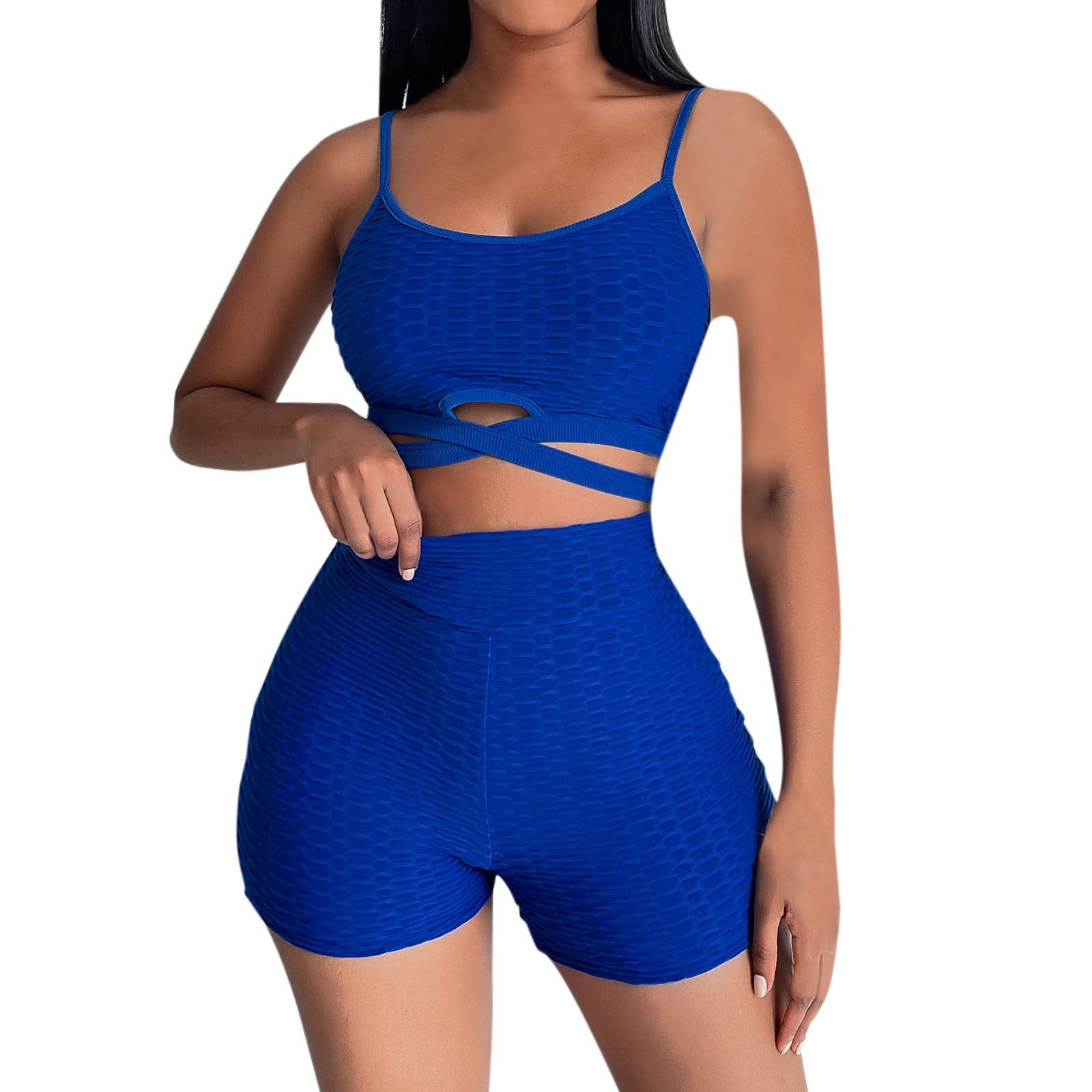 Women's 2-Piece Workout Set - Criss Cross Strappy Sports Bra & High Waisted Scrunch Yoga Shorts | Gym, Running, Pilates & Lounge Wear | WW195