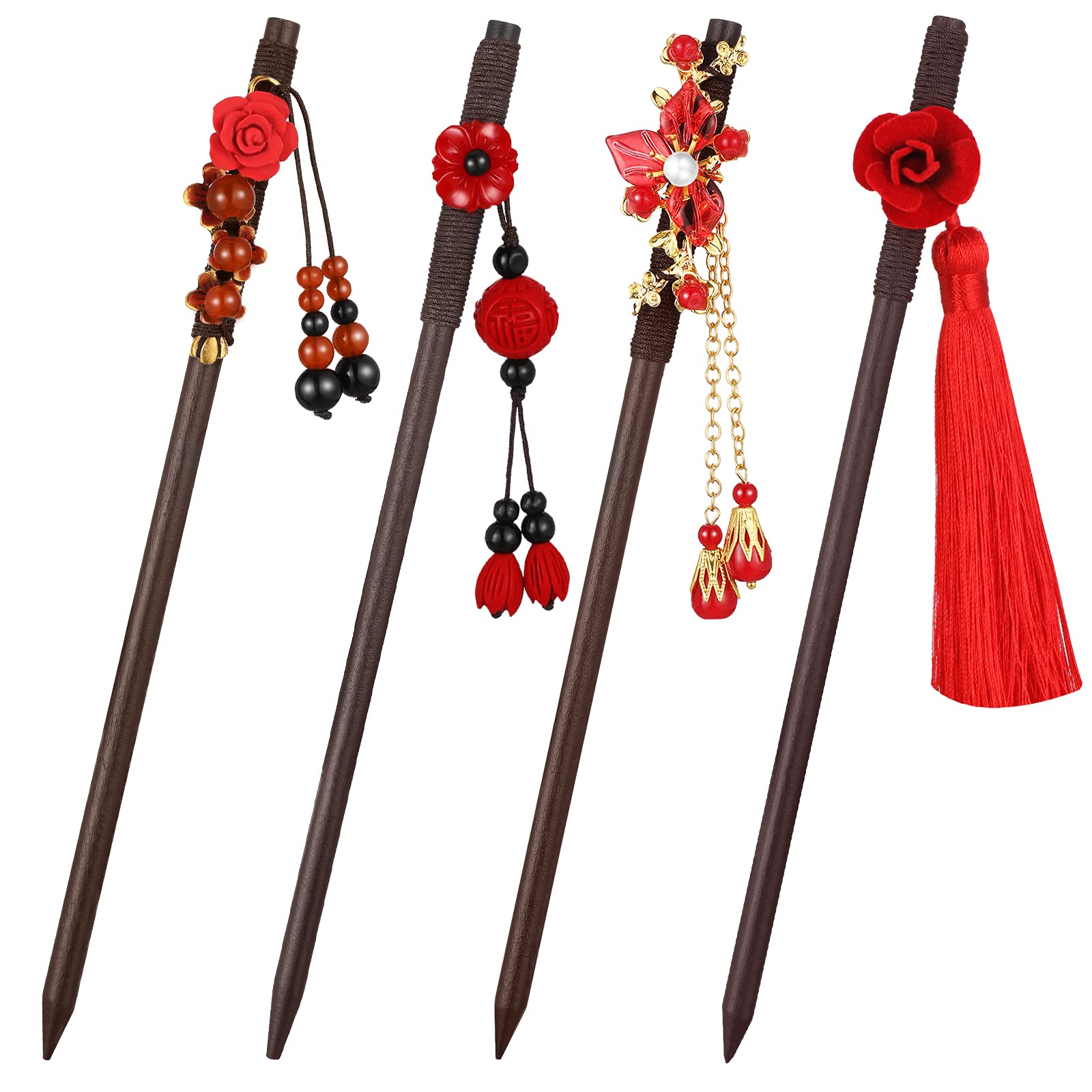Waydress 4 Pcs Asian Hair Sticks for Women - Chinese Japanese Hair Chopsticks Clips, Retro Geisha Style Red Wooden Cherry Blossom Hairpins with Handmade Flower Tassel - Perfect for Geisha Costume, Traditional Hairstyles & Special Occasions