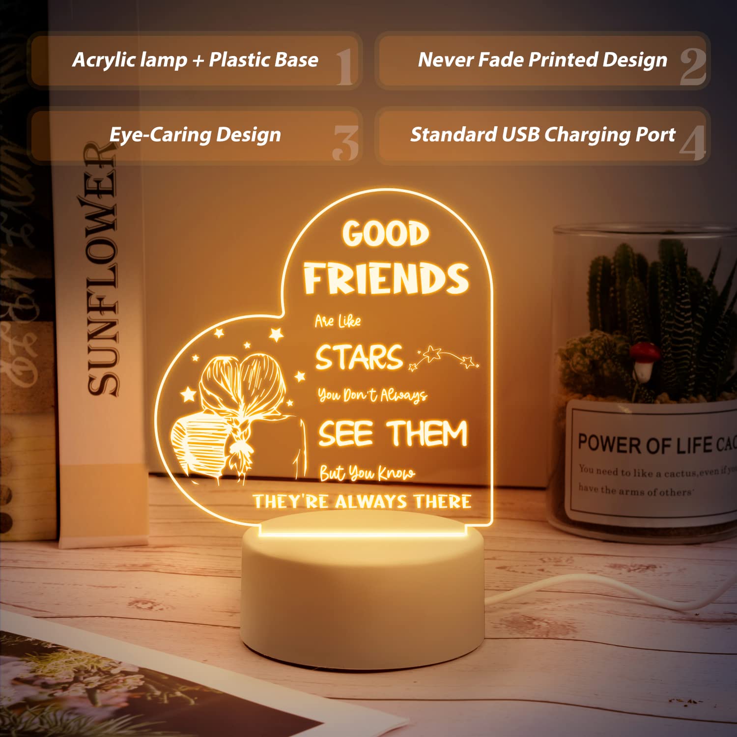 Best Friendship Gifts for Women - USB Powered Night Light Lamp for BFF, Long Distance Friends & Besties | Perfect Birthday, Christmas & Going Away Presents | Cozy Bedroom Decor & Thoughtful Gift Idea