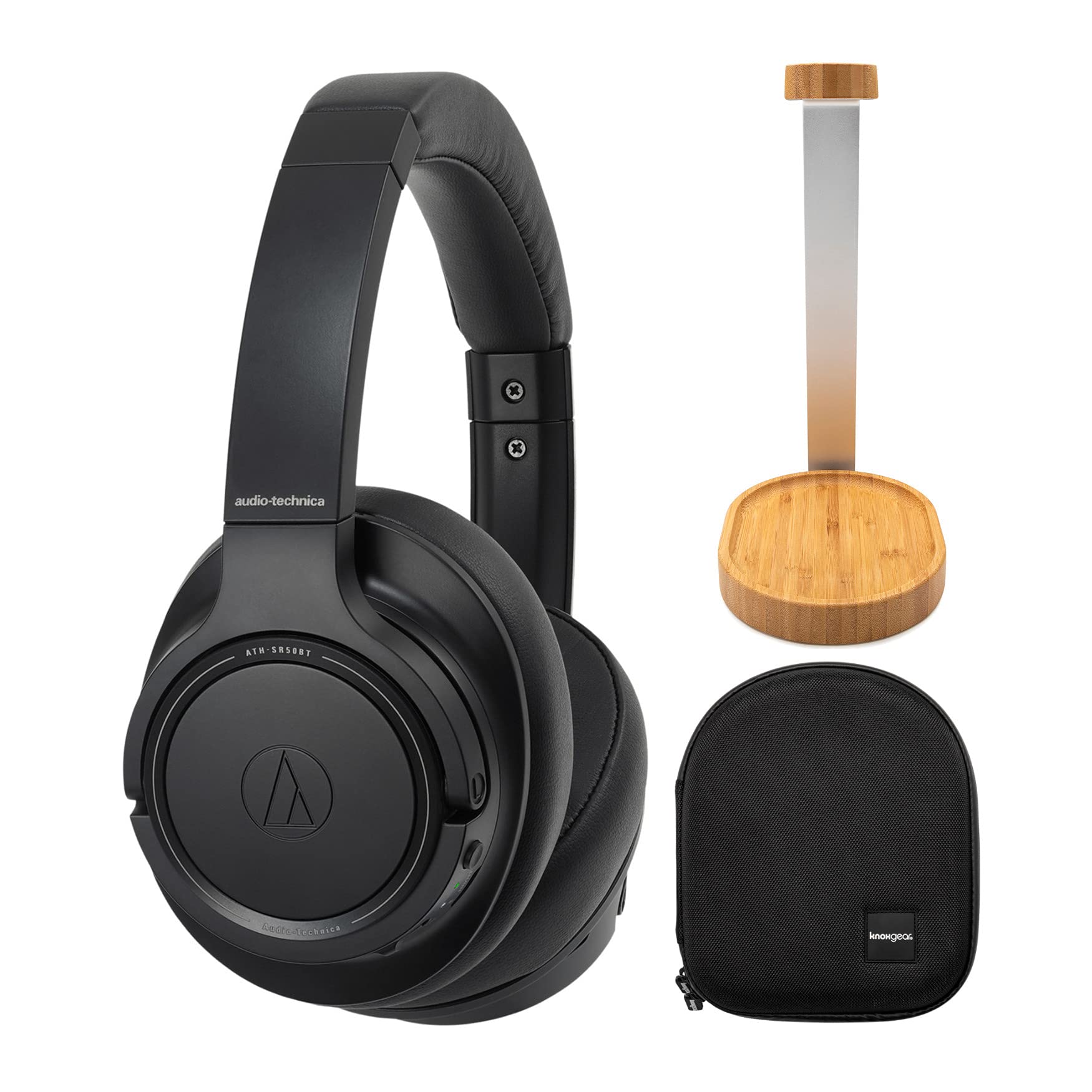 Audio-Technica ATH-SR50BT Wireless Bluetooth Over-Ear Headphones with Knox Gear Stand & Protective Case Bundle (3 Items) - Premium Noise Cancelling Headset for Home Office, Travel & Music Listening (Black)
