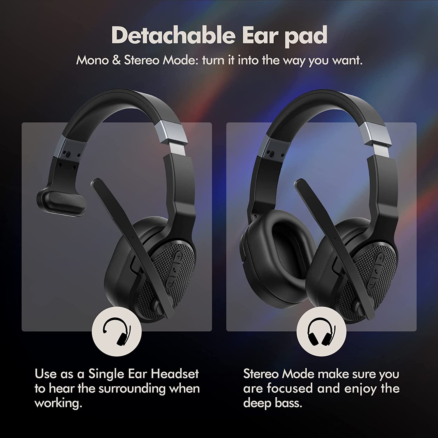 Mpow HC7 Wireless Bluetooth Headphones Over Ear with Detachable Earpads, Single/Dual Mode Noise Cancelling Headset for Office Work, Online Meetings & Home Entertainment