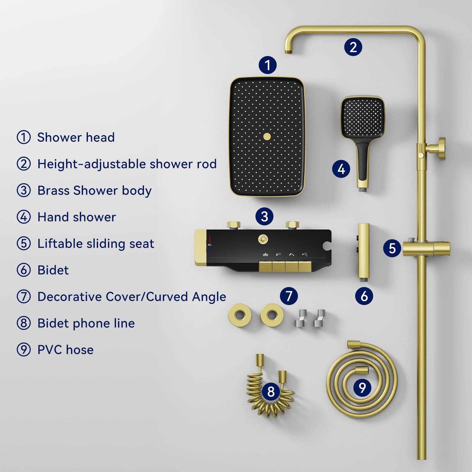 Brushed Gold Thermostatic Shower System Set - Adjustable Rainfall Shower Column with 310mm Shower Head, 3-Function Hand Shower & Bidet | Perfect for Modern Bathrooms, Spa-Like Experience, Water Saving