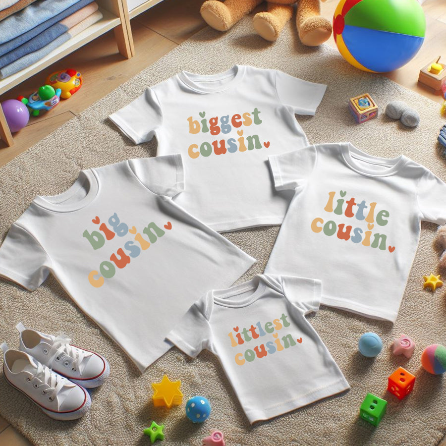 Biggest to Littlest Cousin Matching White T-Shirts - Family Reunion & Sibling Bonding Outfits