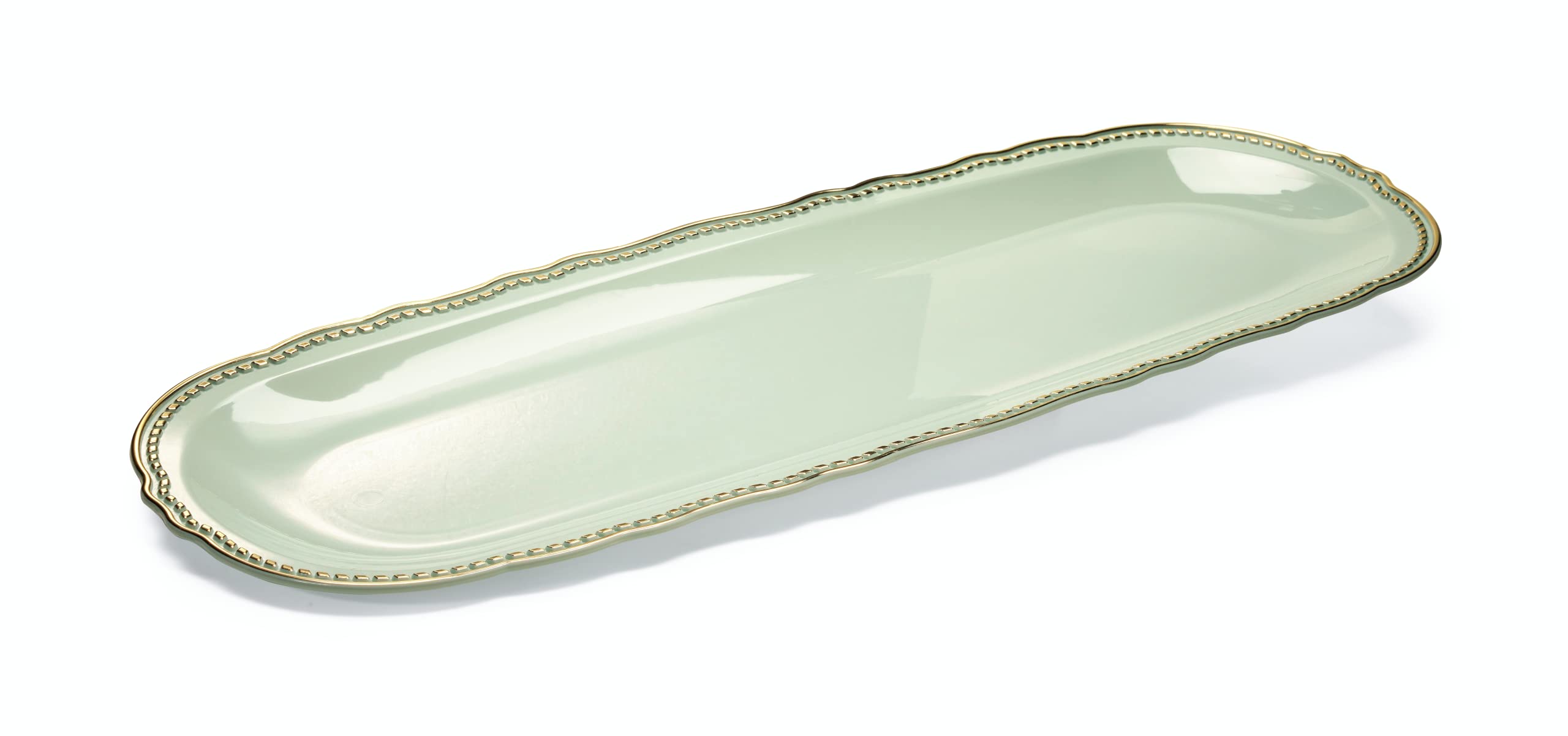 20-Pack Premium Disposable Plastic Party Trays 17.5'' x 6.5'' - Elegant Seafoam/Mint & Gold Design for Weddings, Birthdays & Events | Durable Serving Plates for Buffets, Catering & Special Occasions
