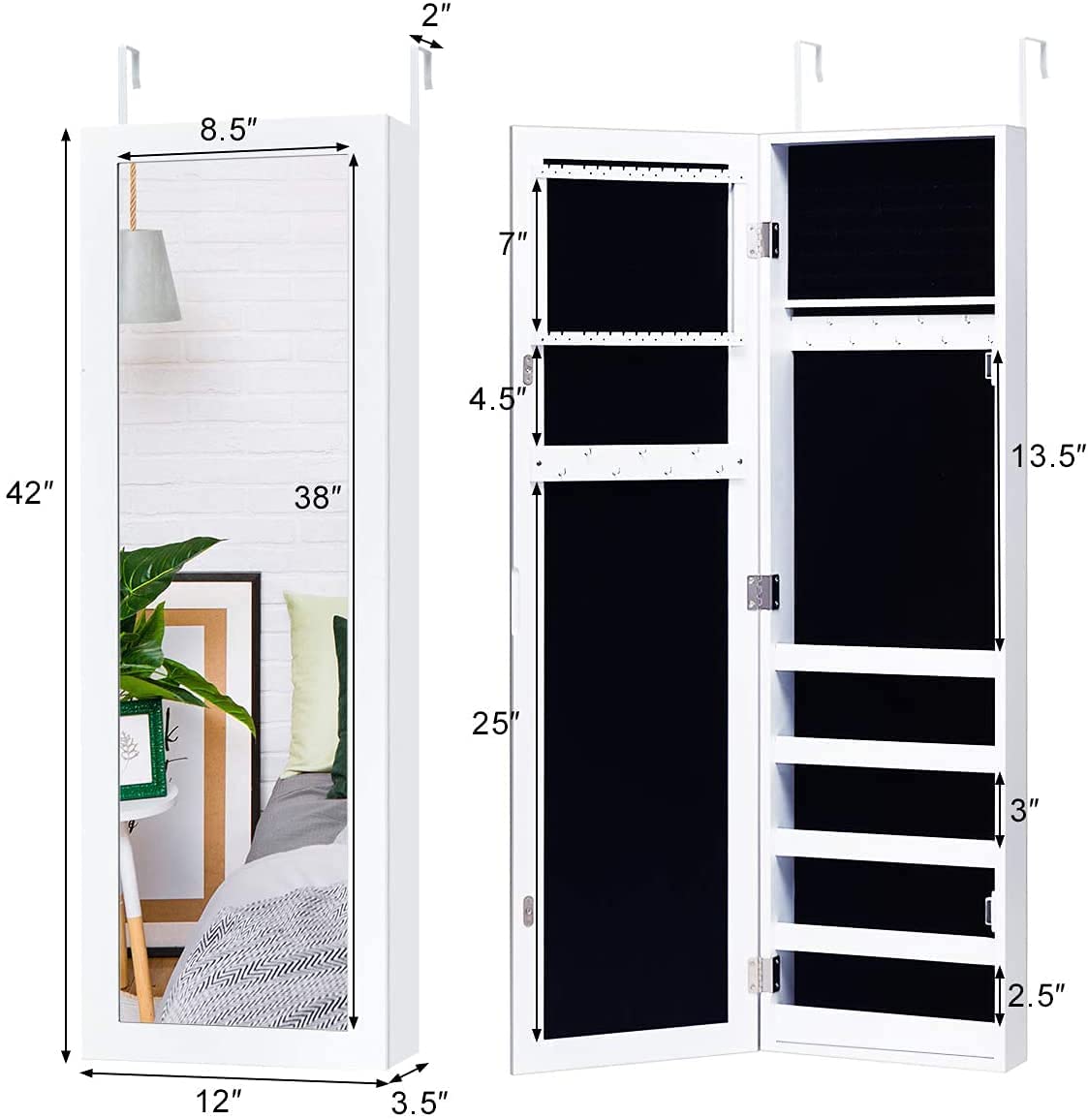 Mirrored Jewelry Cabinet with 5 Shelves, 16 Necklace Hooks & 60 Ring Slots - Wall Mounted Jewelry Armoire Organizer with Full-Length Mirror, White - Perfect for Bedroom, Closet & Dressing Room Storage