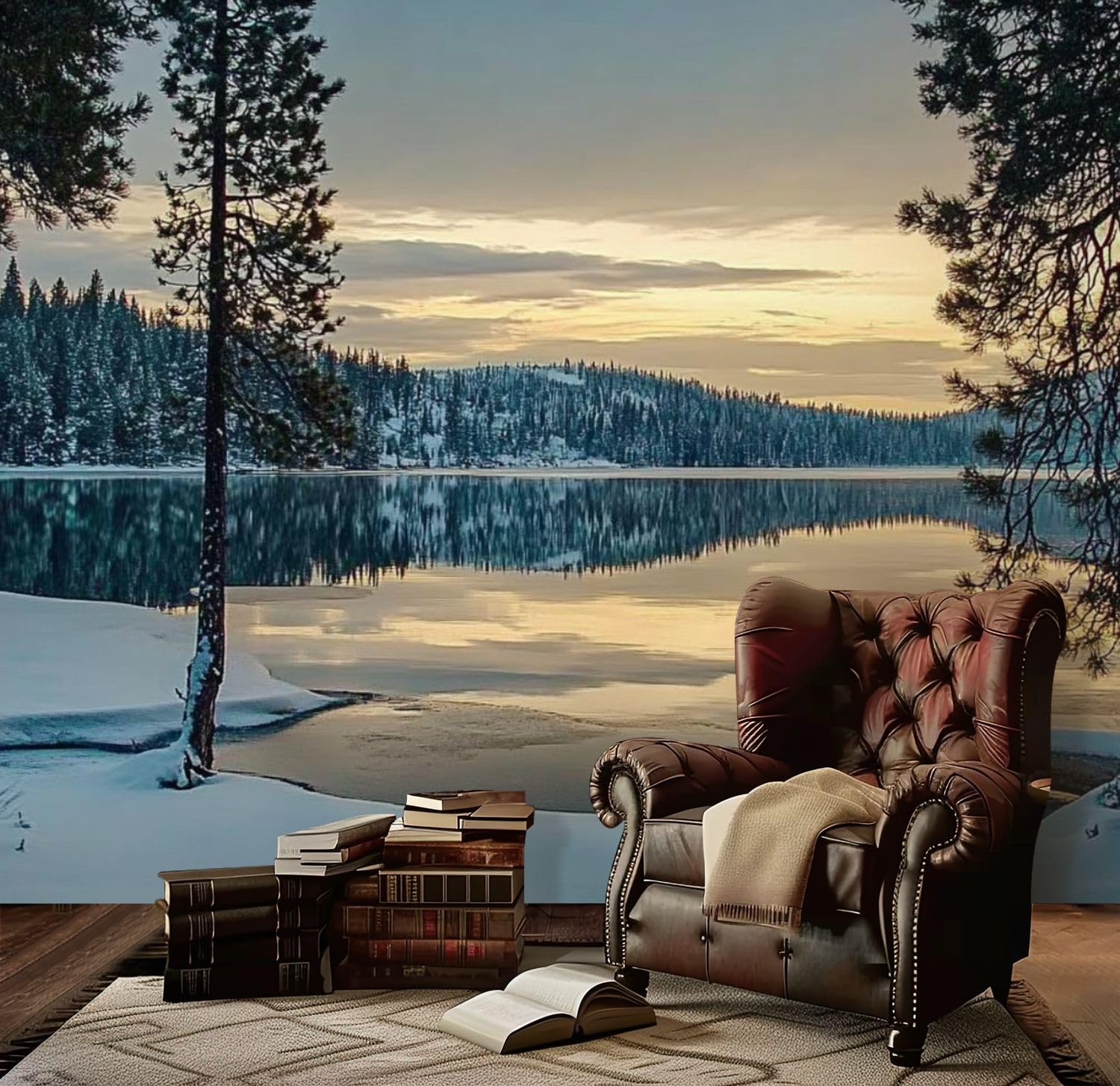 Idaho Mountain Lake Winter Sunset Peel and Stick Wallpaper - Self-Adhesive Removable Wall Mural (100''x144'') for Living Room, Bedroom & TV Background - Easy DIY Home Decor for Modern Interior Design