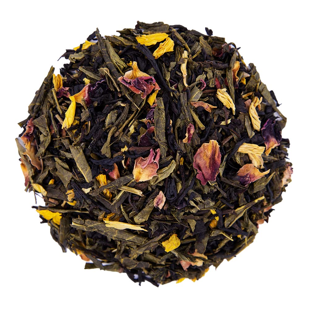 Whistling Kettle Peach Rose Green Tea - Fruity Floral Flavored Loose Leaf Tea with Natural Peach & Rose Petals - 4oz (80 Servings) - Perfect for Afternoon Tea, Gifts & Relaxation