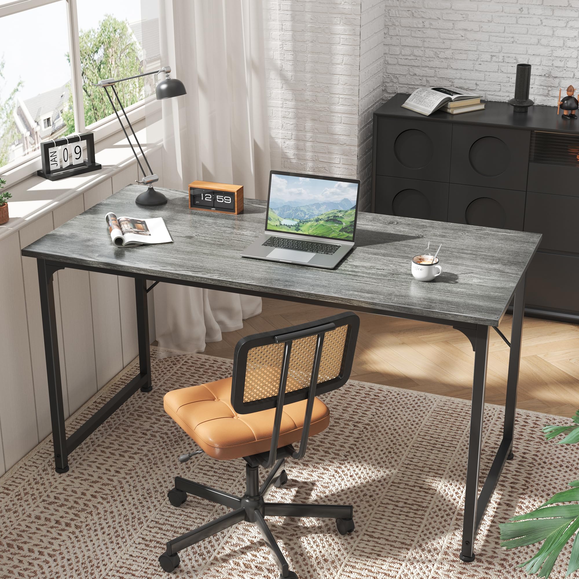 Huuger 55 Inch Modern Simple Office Desk - Sturdy Metal Frame Gaming & Work Desk with Storage, Large Legroom Space, Grey - Perfect for Home Office, Gaming Setup & Small Workspaces