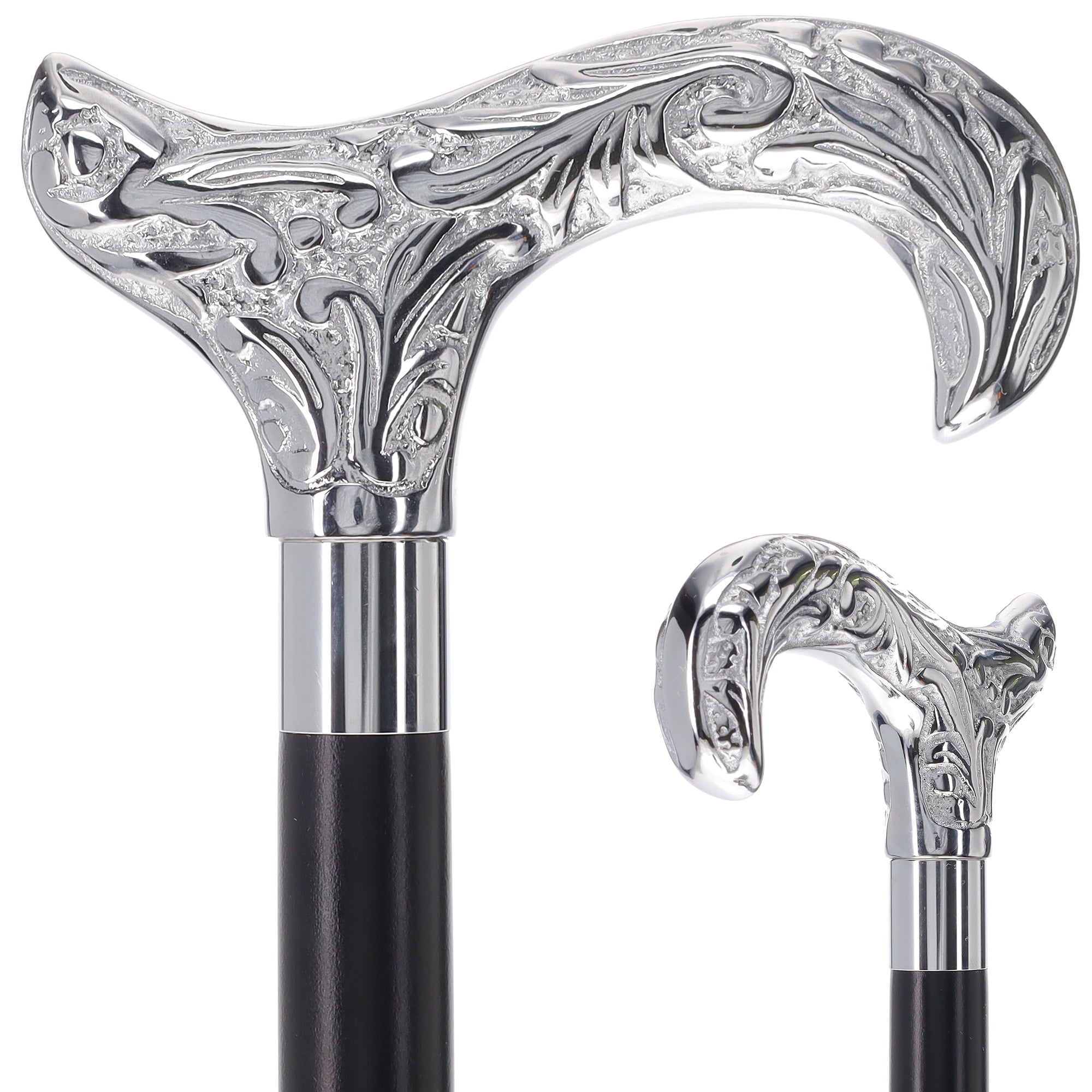 Premium Chrome Plated Derby Handle Walking Cane - Black Beechwood Shaft with Aluminum Silver Collar (Model V2064) - Scratch & Dent Discount - Ideal for Seniors, Hiking & Mobility Support