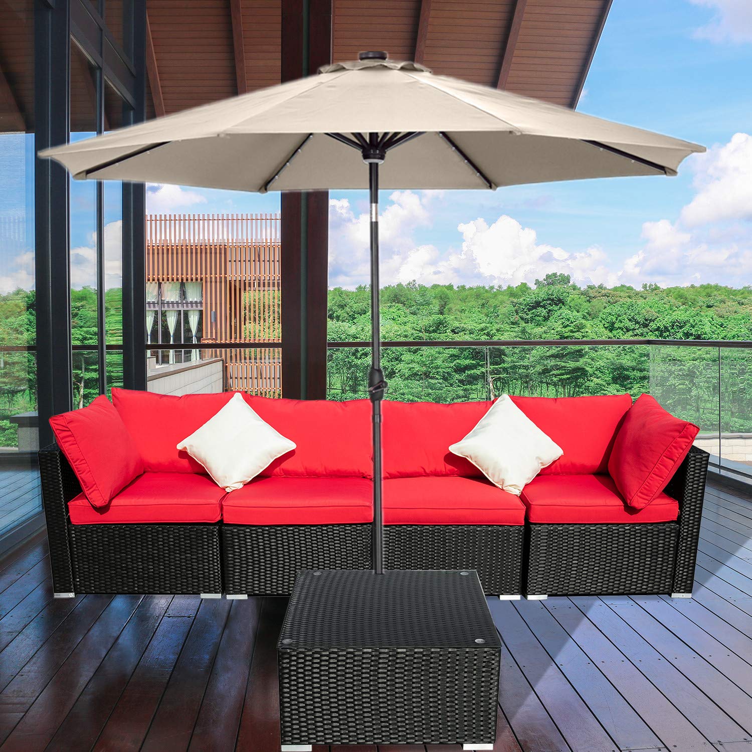 10ft Solar LED Patio Umbrella with 40 LED Lights - Outdoor Garden Umbrella with Auto On/Off (Light Khaki) - Perfect for Backyard, Poolside, and Outdoor Dining Areas
