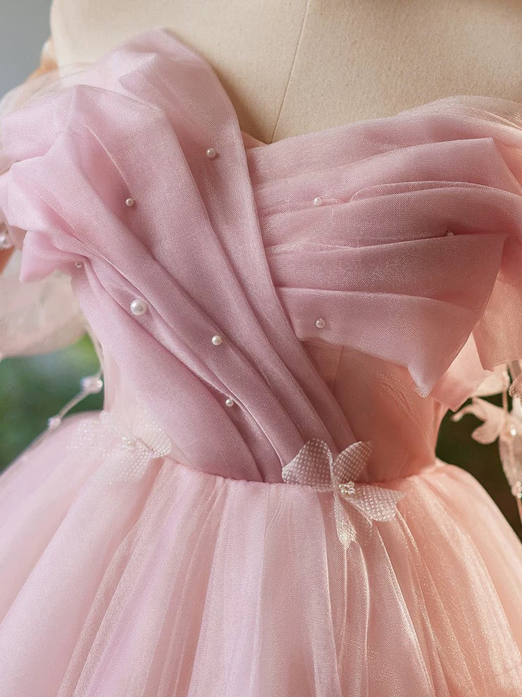 Elegant A-Line Off-Shoulder Tulle Pink Short Prom Dress | Homecoming Party Gown | Perfect for Prom Night, Homecoming Dance & Special Occasions