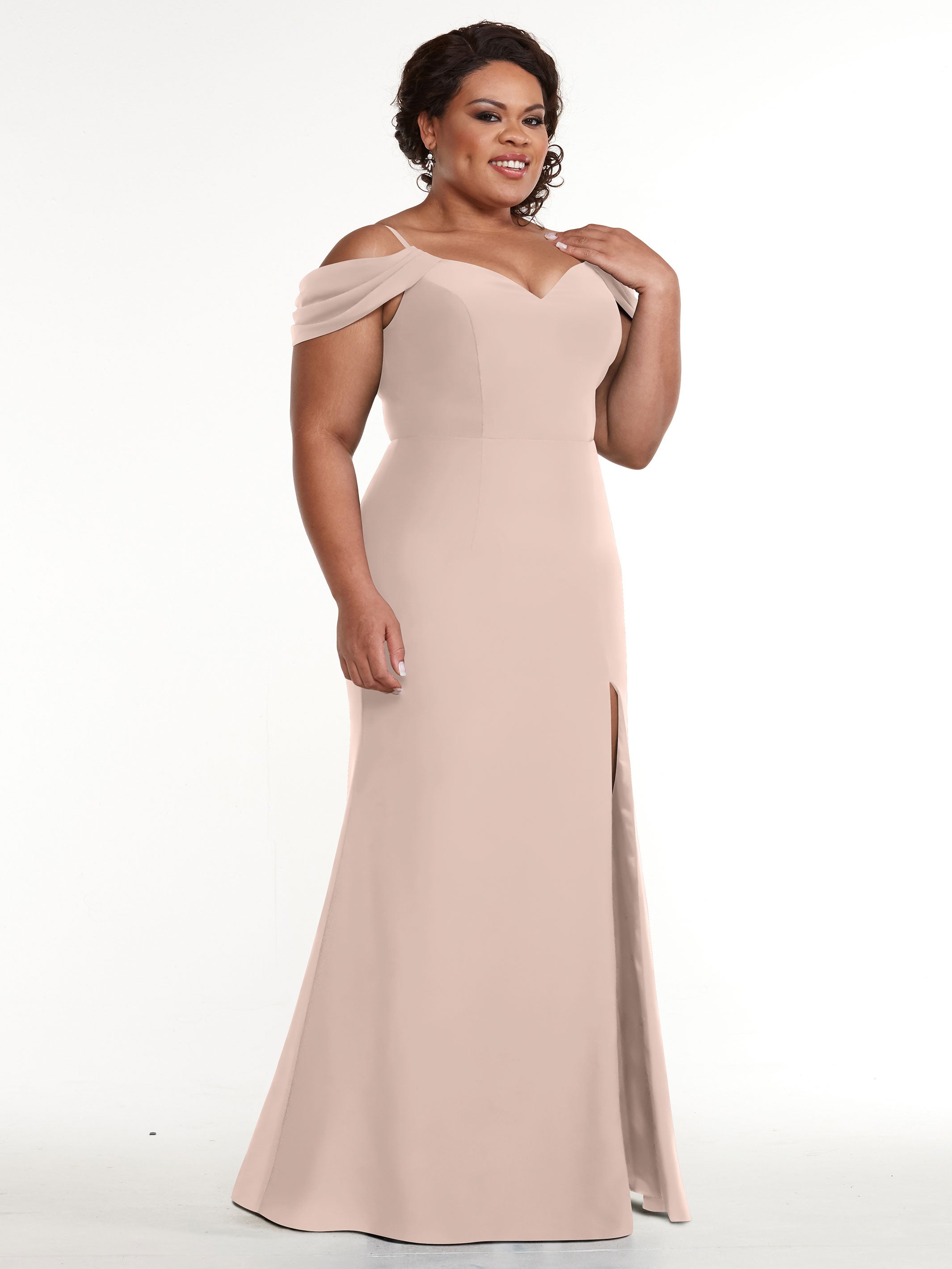 Elegant 83029 Stretch Chiffon Off-Shoulder Bridesmaid Dress with Thigh High Slit - Perfect for Weddings, Parties & Formal Events