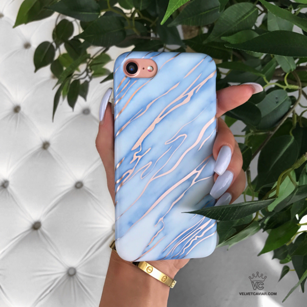 Sky Blue Rose Gold Chrome Marble iPhone Case - Elegant Protective Cover for iPhone 12/13/14 Pro Max | Perfect for Everyday Use, Travel & Gift Giving