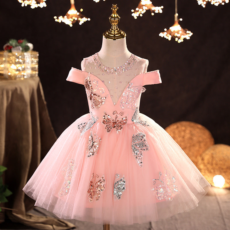 Sparkly Pink A-Line Flower Girl Dress with Cold Shoulder Design - Perfect for Weddings, Pageants & Special Occasions