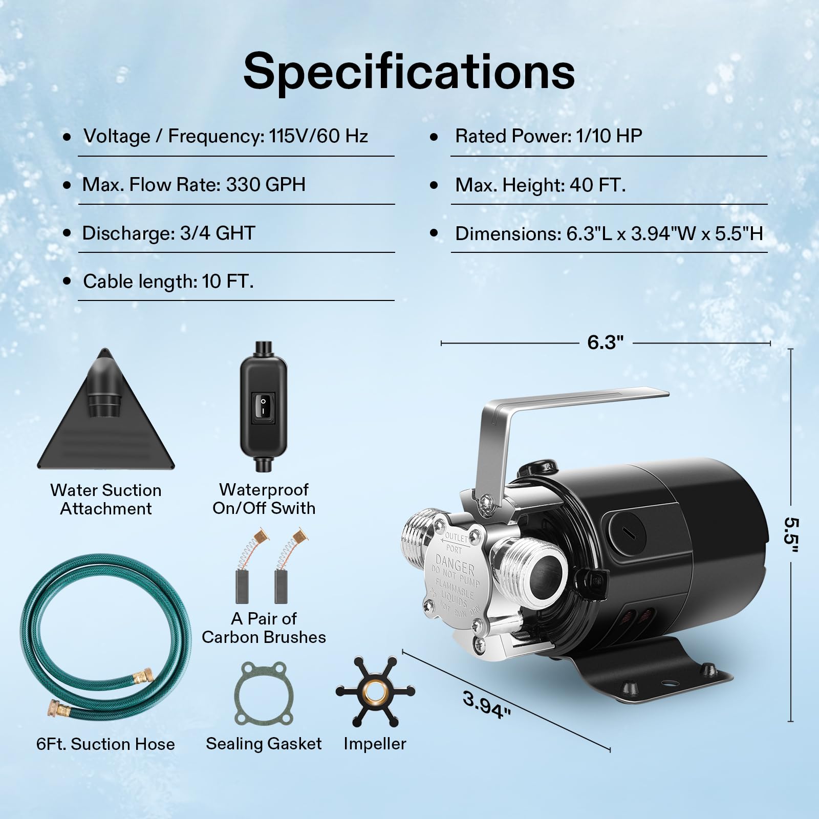 VIVOSUN 115V 330 GPH Portable Electric Water Transfer Pump with ON/OFF Switch & Hose Kit - 1/10HP Utility Pump for Garden, Hot Tub, Pool, Pond, Aquarium, Flooded Basement - Perfect for Water Removal, Irrigation & Emergency Drainage