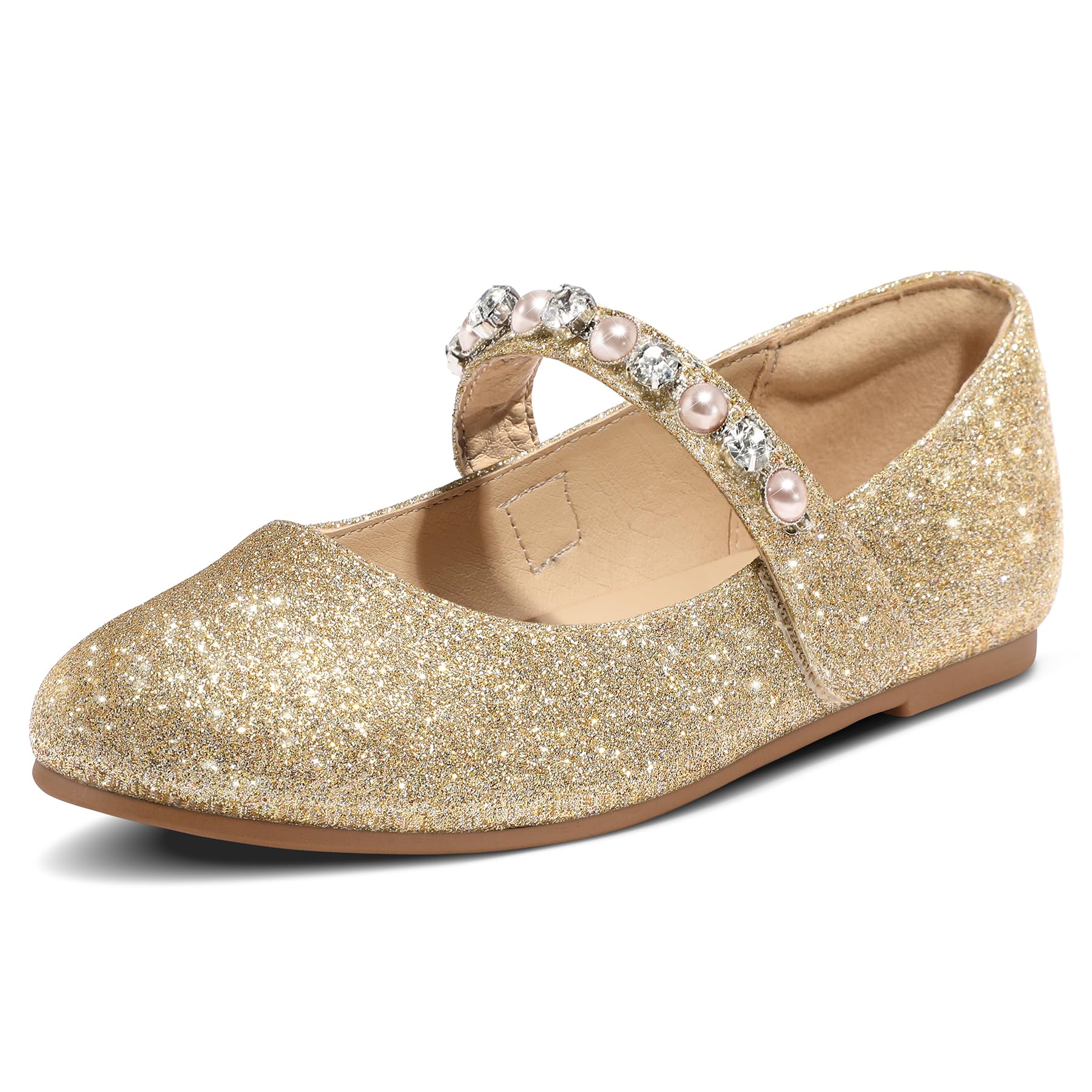 K KomForme Girls Ballet Flats with Pearl Rhinestones - Mary Jane Slip-On Shoes for Toddler/Little Kid/Big Kid - Perfect for Party, School, Wedding & Dress-Up Occasions