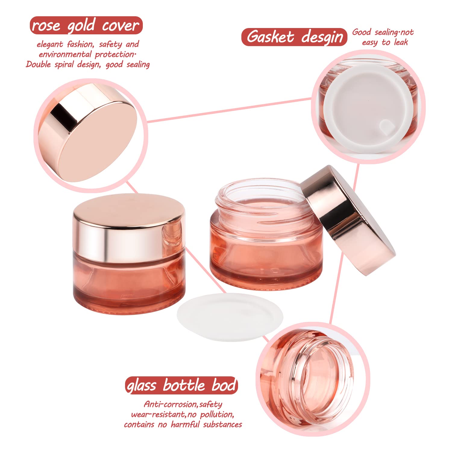 12 Pack 0.5 oz Pink Glass Jars with Rose Gold Lids - Refillable Cosmetic Containers for Face Cream, Lotion, Moisturizer & Ointment | Sample Jars with Inner Liner | Perfect for DIY Skincare, Travel Size Products & Gift Packaging