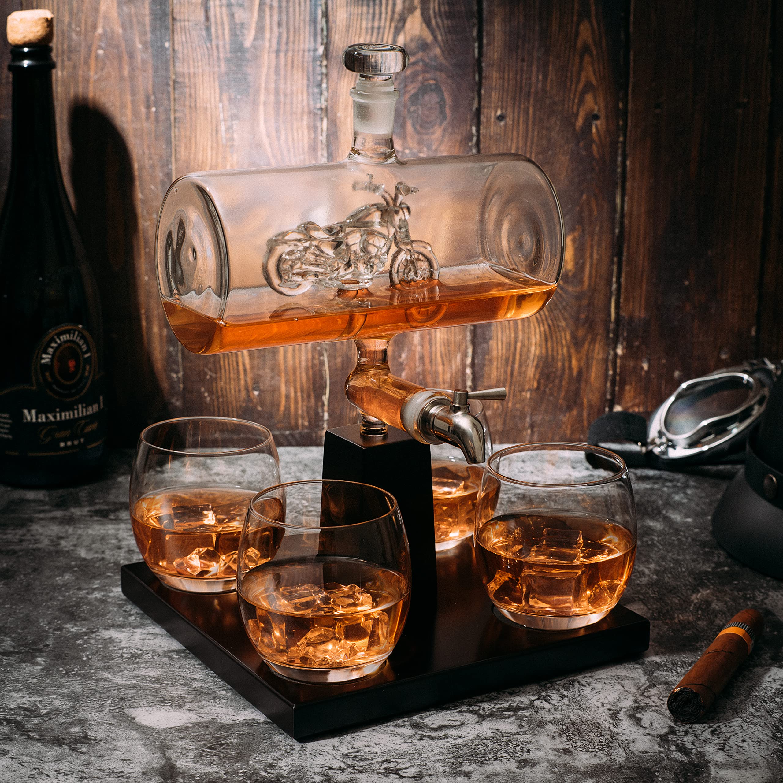 Motorcycle Whiskey & Wine Decanter Set with 4 Glasses - Premium Bourbon Scotch Liquor Dispenser - Unique Motorcycle Gifts for Men, Dad, Birthday - Perfect for Home Bars, Man Caves & Biker Enthusiasts