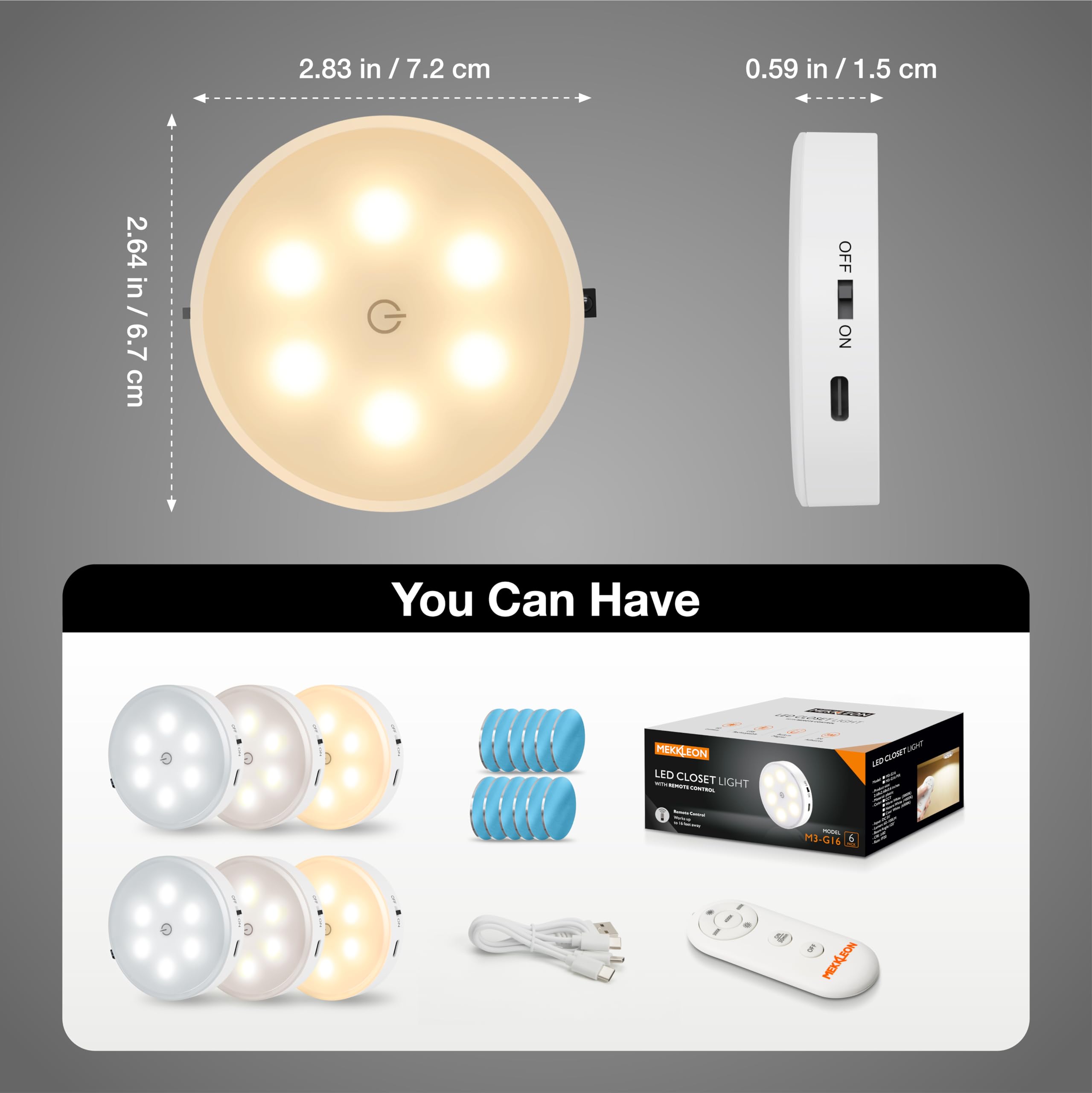 MEKKLEON 6-Pack Rechargeable Puck Lights with Remote Control - 1000mAh Battery Under Cabinet LED Lighting, Cordless Stick-On Tap Lights for Kitchen, Closet, Hallway & Stairway - Perfect for Night Lights, Wardrobe Illumination & Home Decor