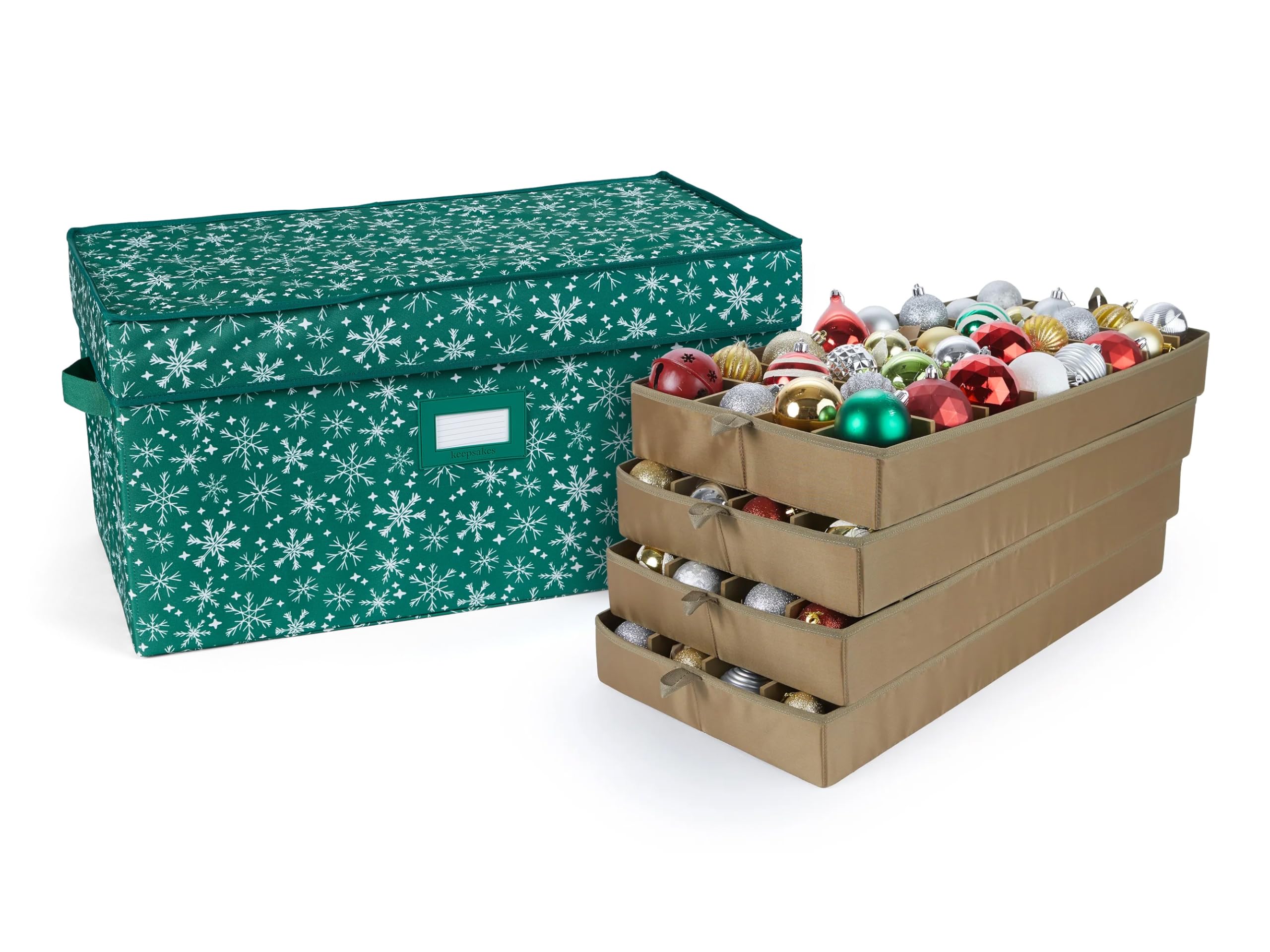 Covermates Adjustable Ornament Storage Box with Carrying Handles & Padded Protection - Holiday Decoration Organizer for Christmas Tree Ornaments (Green Snowflake Design) - Perfect for Seasonal Decor Storage and Safekeeping