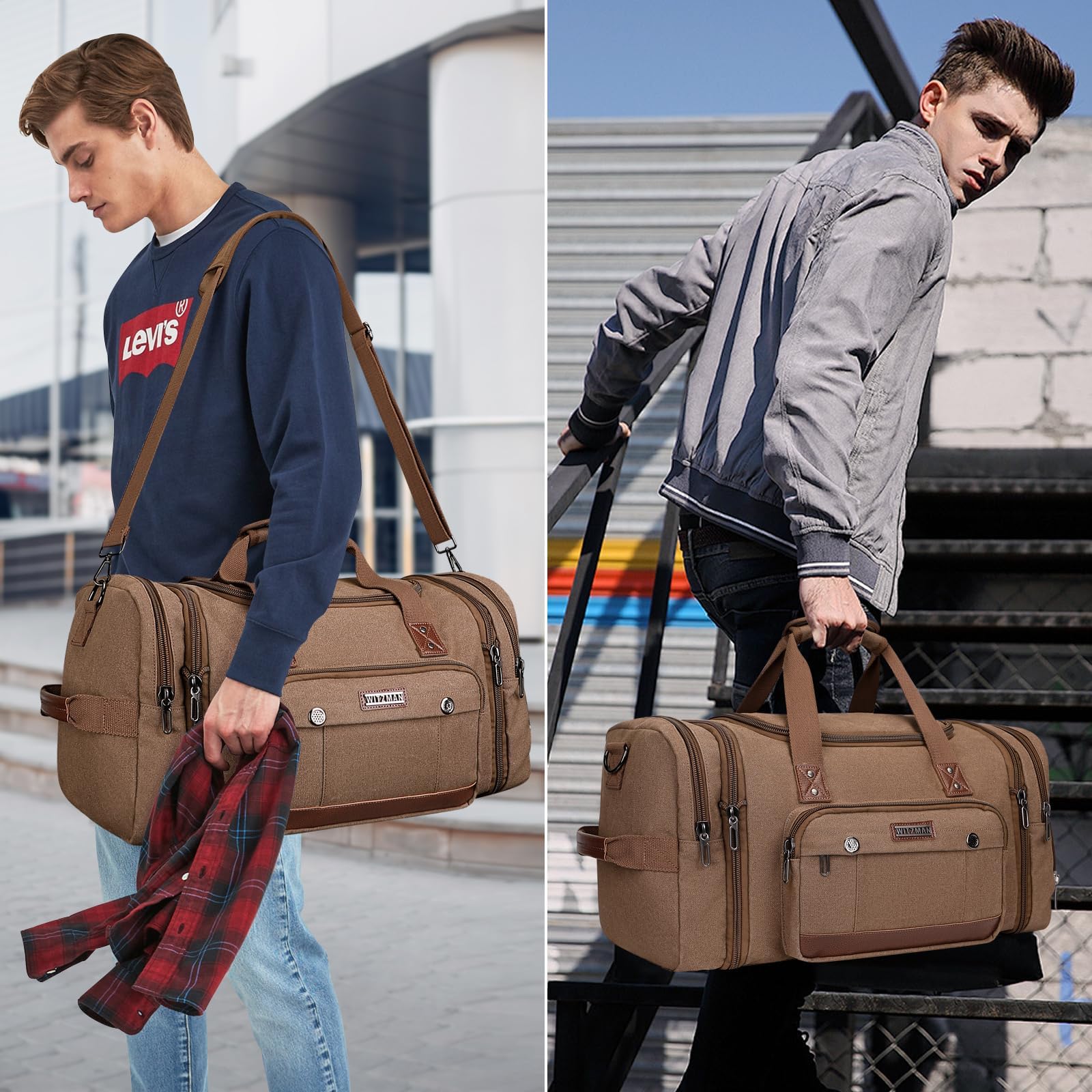 WITZMAN Men's Expandable Canvas Duffle Bag for Travel - Weekender Overnight Carry On Bag (A8007 Brown) - Perfect for Gym, Business Trips & Weekend Getaways