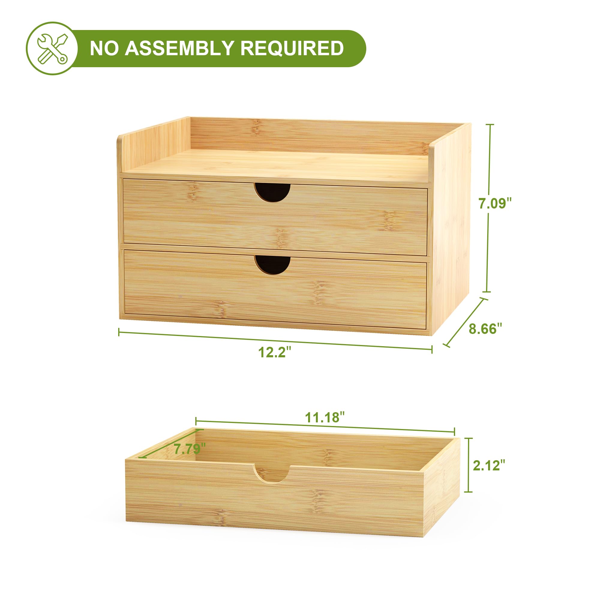 Wisuce Bamboo 2-Drawer Desk Organizer - No Assembly Required, Tabletop Storage Box for Office, Home, Vanity & Toiletries Supplies | Perfect for Desk Organization, Bathroom Storage & Makeup Accessories