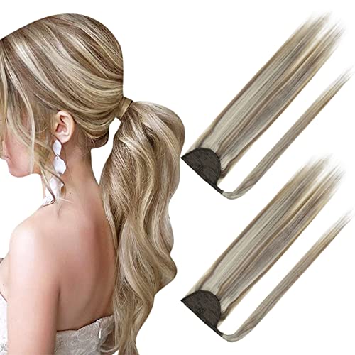 22+18 Inch Long Straight Ponytail Hair Extensions for Women - 100% Remy Human Hair with Ash Brown & Platinum Blonde Highlights - Natural Shine & Soft Texture for Daily Wear, Parties & Special Occasions