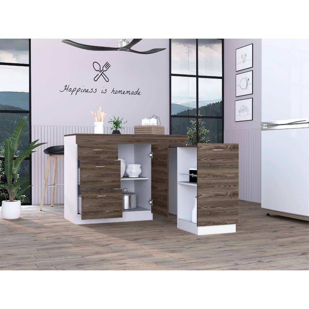 Joliet 36-Inch White & Dark Walnut Kitchen Base Cabinet with 3 Drawers & 4 Adjustable Shelves - Sturdy Storage Cabinet for Pantry, Laundry Room or Bathroom Organization