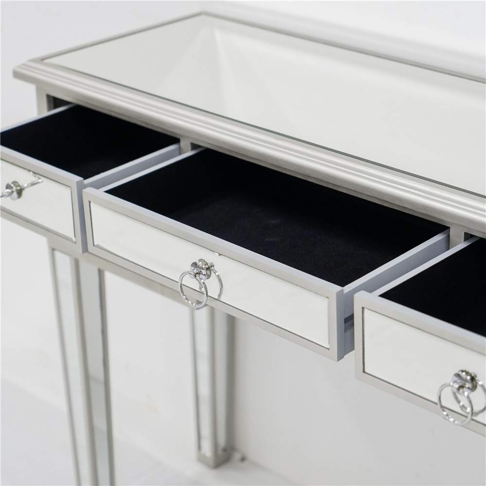 HomVent Modern Mirrored Vanity Table with 5 Drawers - Silver Finish Makeup Desk for Women, Home Office Writing Desk & Media Console - Perfect for Bedroom, Dressing Room, and Office Organization