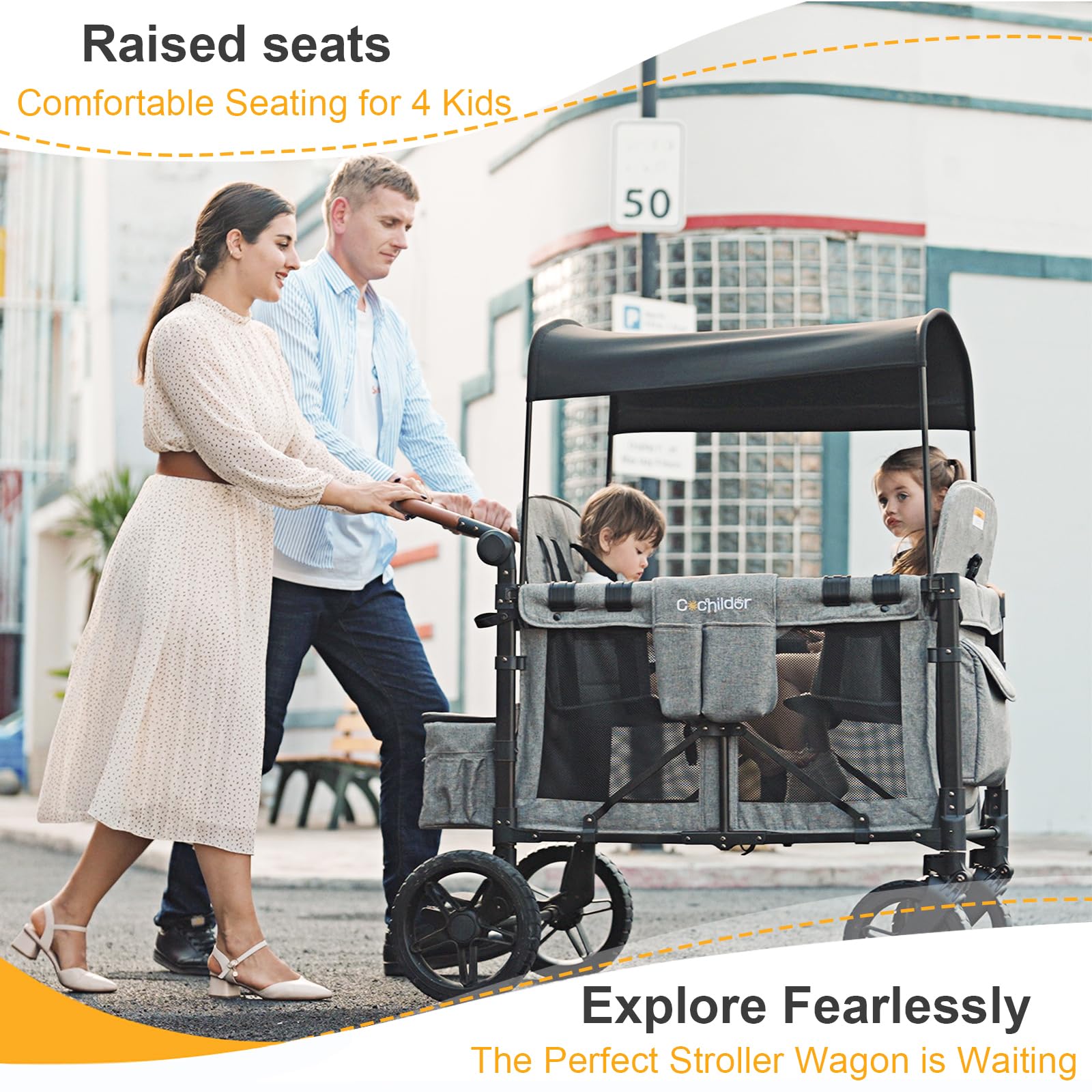 **CoChildor 4-Seater Stroller Wagon for Kids – Premium Folding Quad Wagon with 5-Point Harness, Adjustable Push/Pull Handles, Removable UV Canopy & Storage Pockets – Light Grey – Perfect for Park Outings, Beach Trips & Family Adventures**